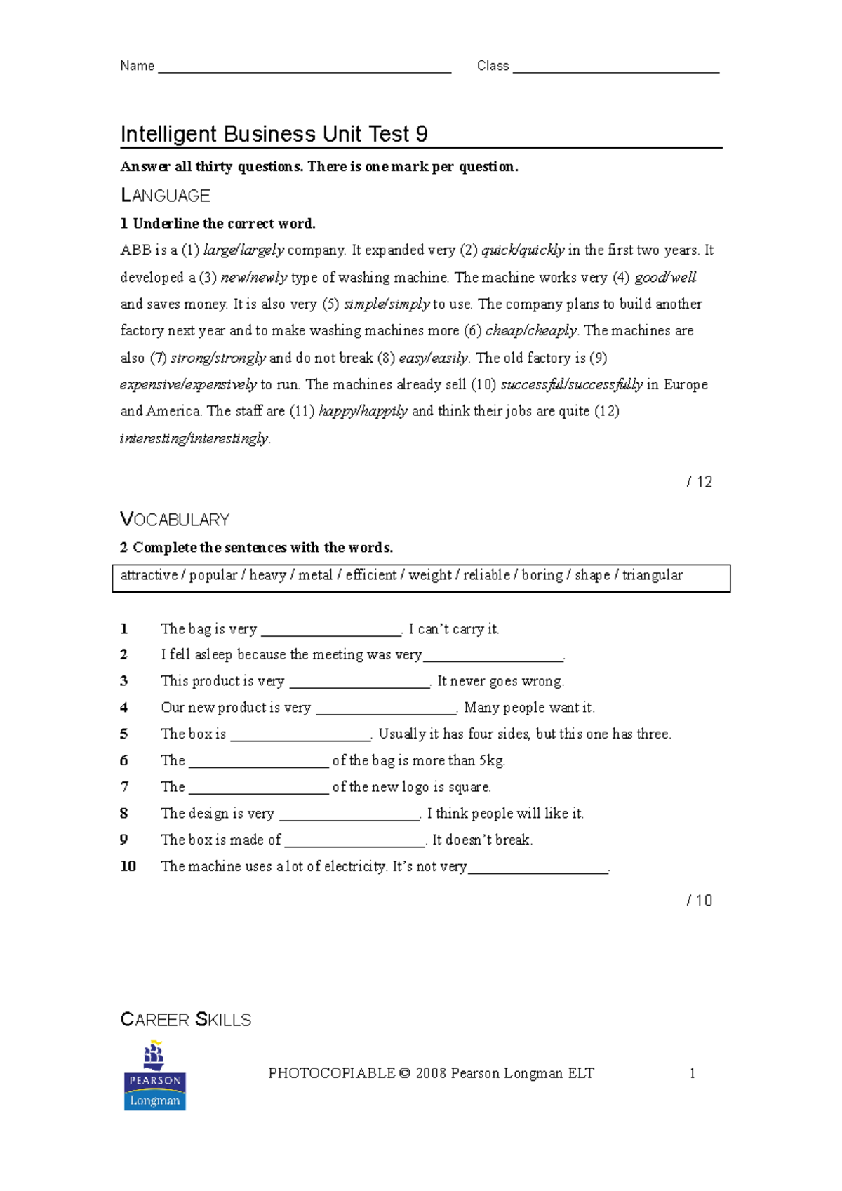 Unit 9 Test - Intelligent Business Assessment - Studocu