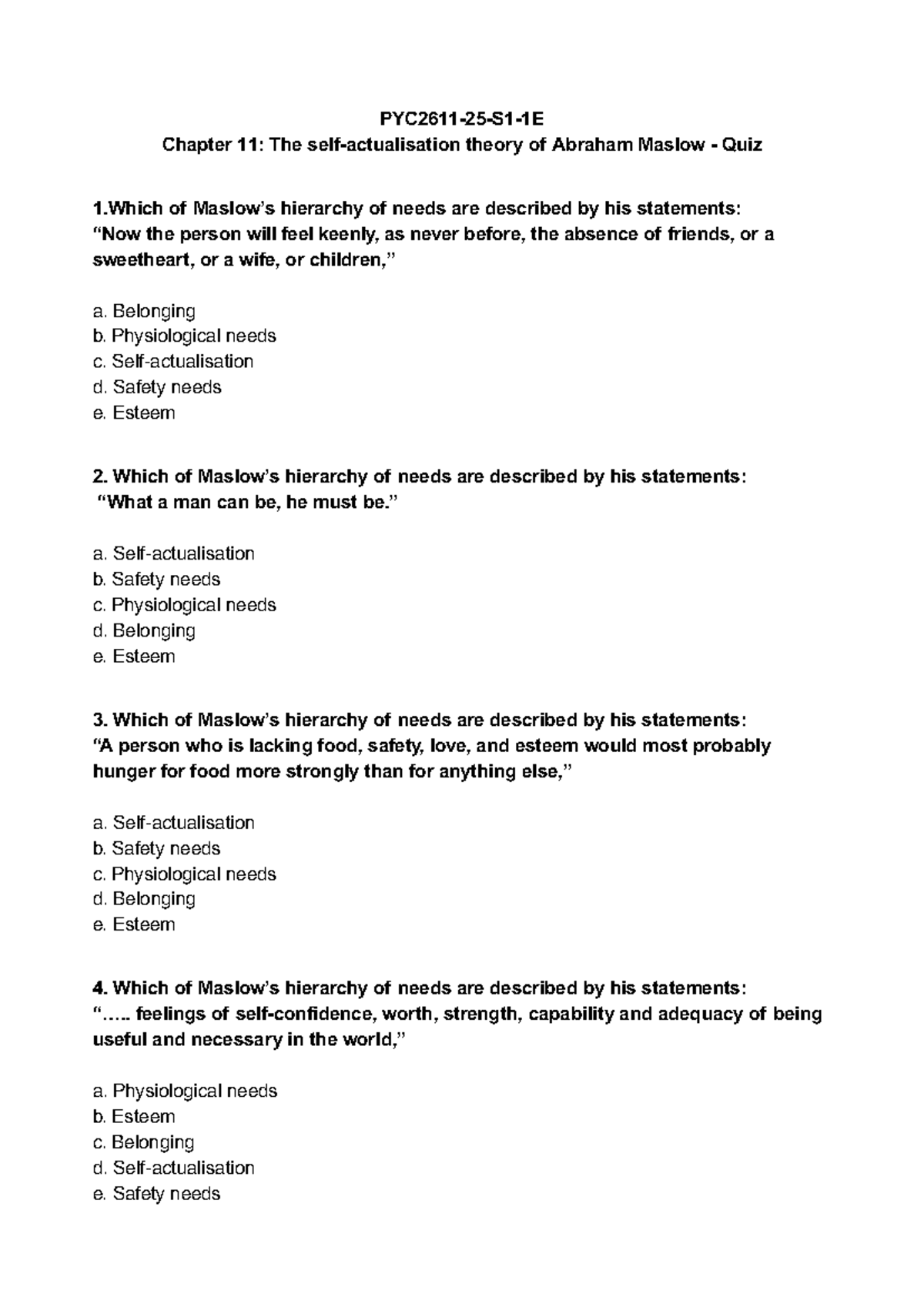 PYC2611 Chapter 11: Maslow's Hierarchy of Needs Quiz - Studocu