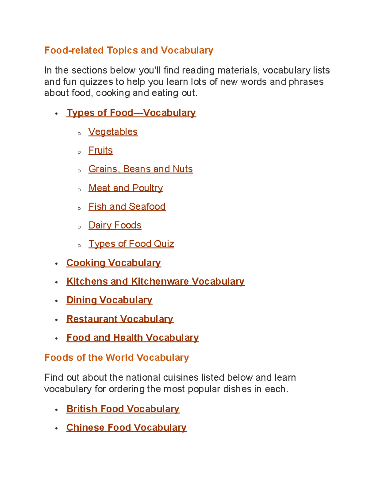 Food Vocabulary and Topics: Quizzes and Reading Materials for Learning ...