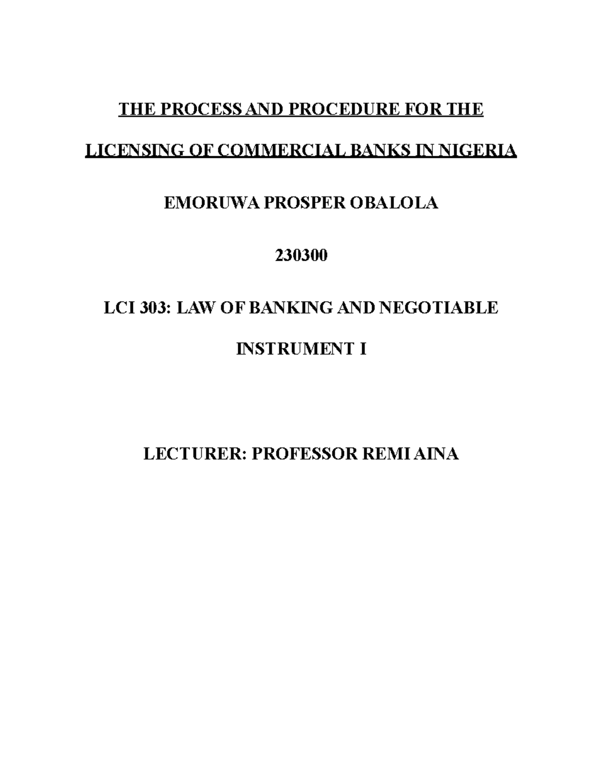 BLCI 303: Licensing Process for Commercial Banks in Nigeria - Studocu