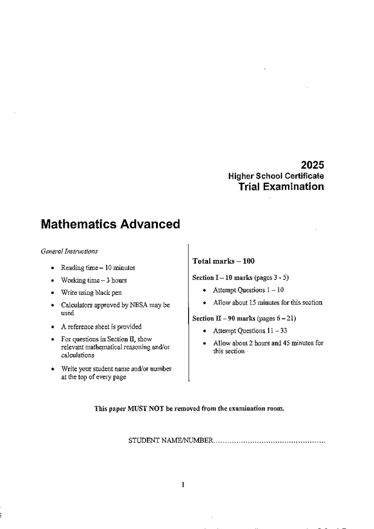2025 HSC Trial Exam: Mathematics Advanced General Instructions - Studocu