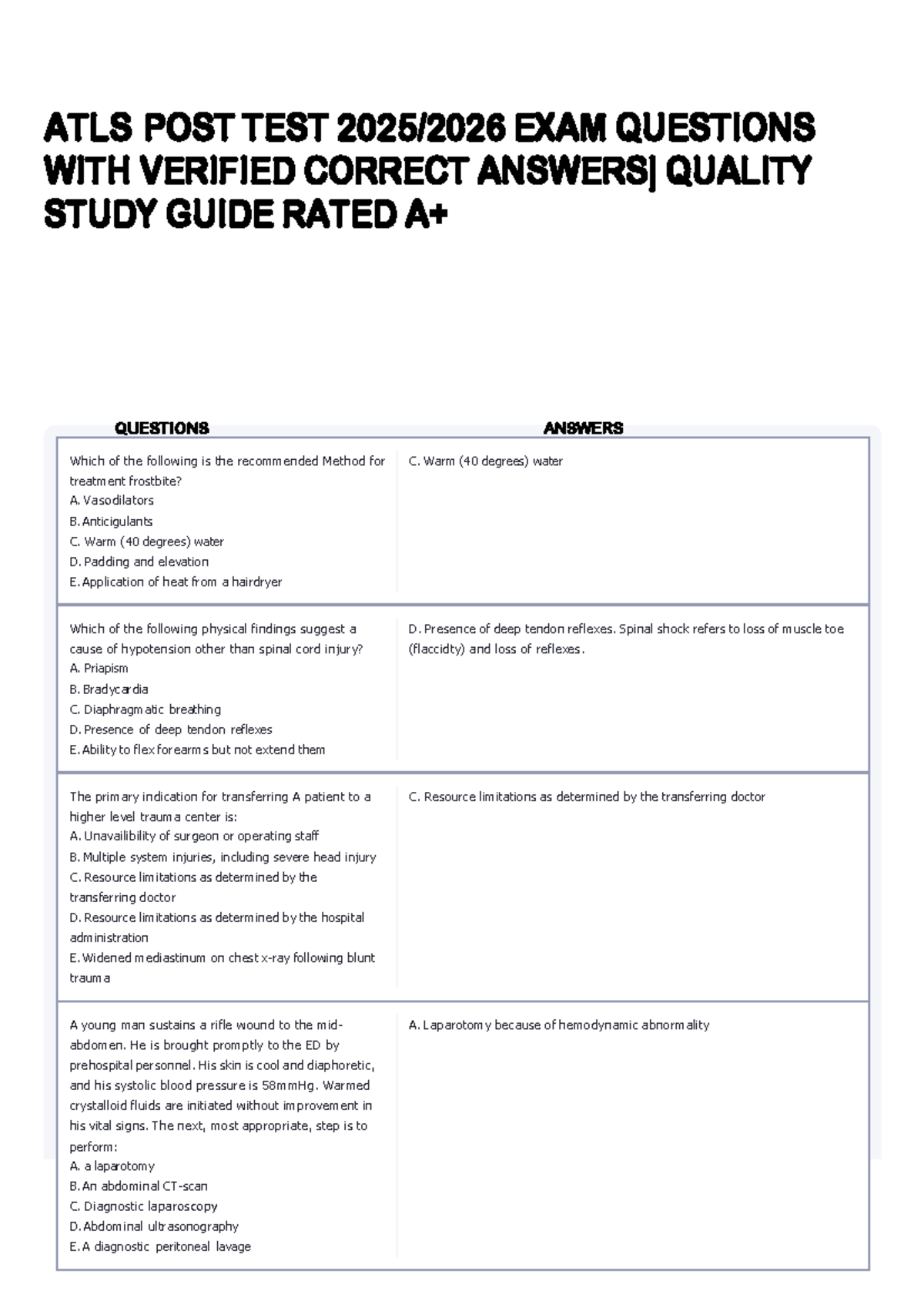 ATLS POST TEST STUDY GUIDE: VERIFIED QUESTIONS AND ANSWERS - Studocu