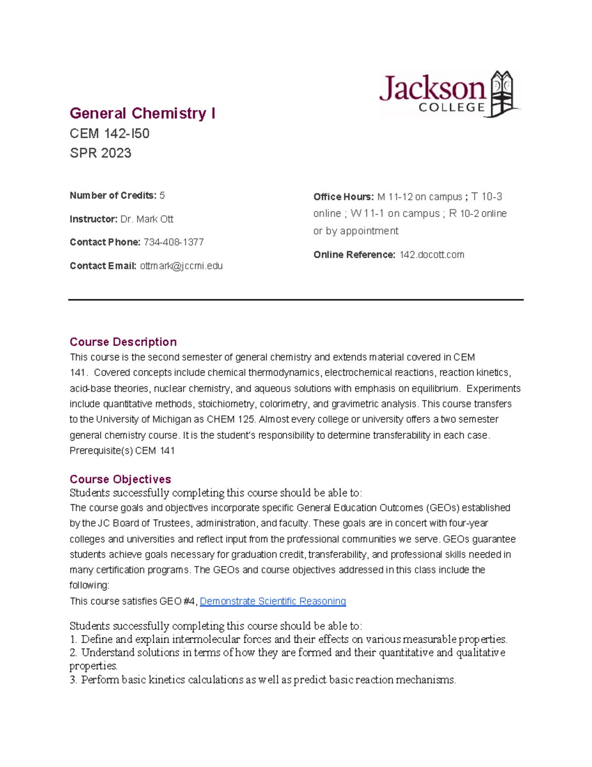 23SPR CEM142 General Chemistry I Syllabus and Course Overview - Studocu