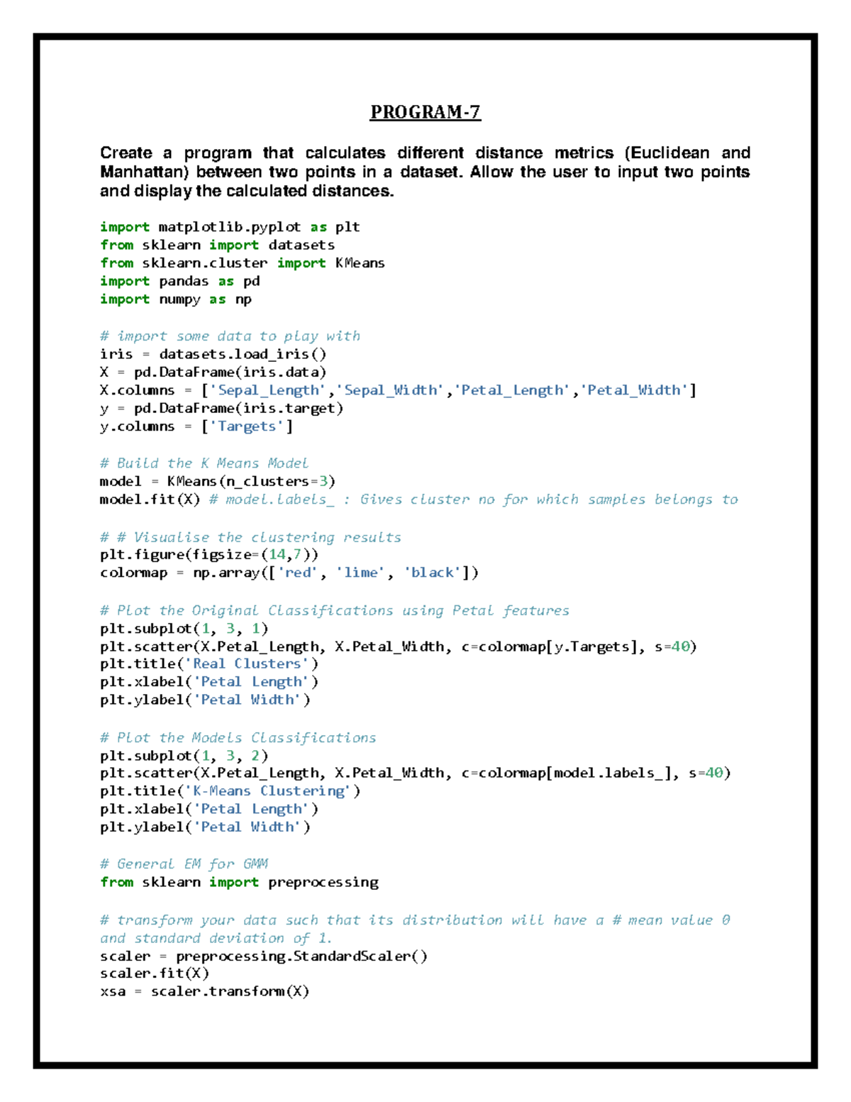Distance Metrics Calculation and K-Means Clustering - EM Lab Programs ...