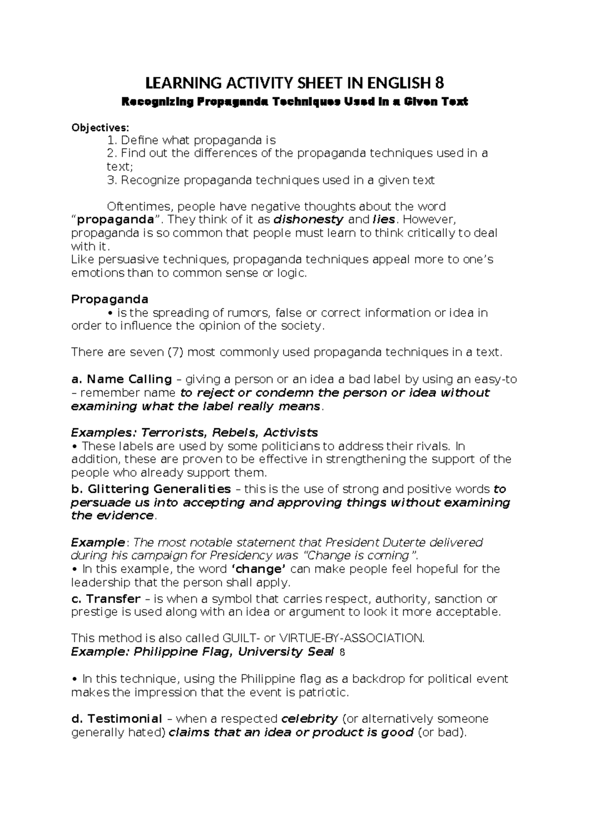 ENGLISH 8 - Lesson 2: Recognizing Propaganda Techniques - Studocu