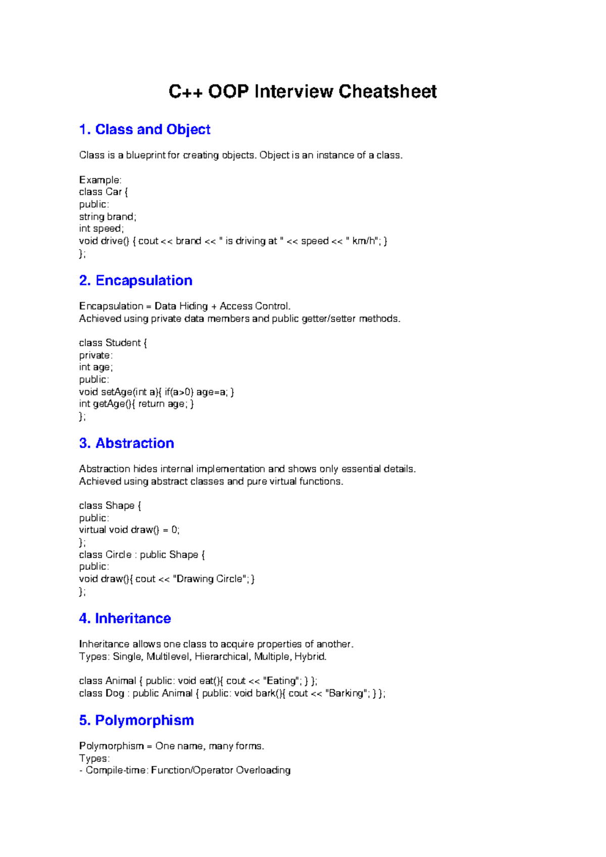 C++ OOP Interview Cheatsheet: Key Concepts and Examples - Studocu