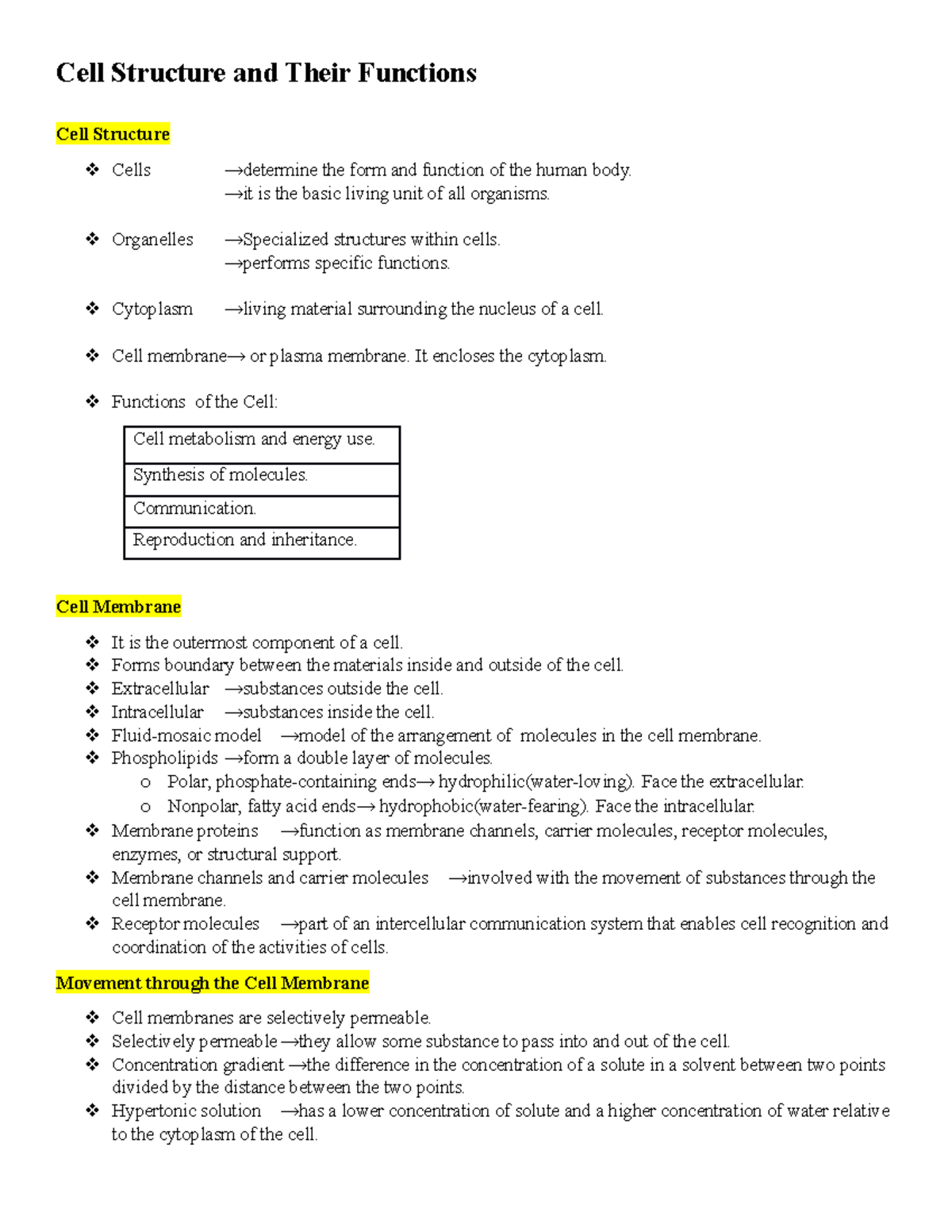 Short Notes on Cell Structure and Their Functions - Cell Structure and ...