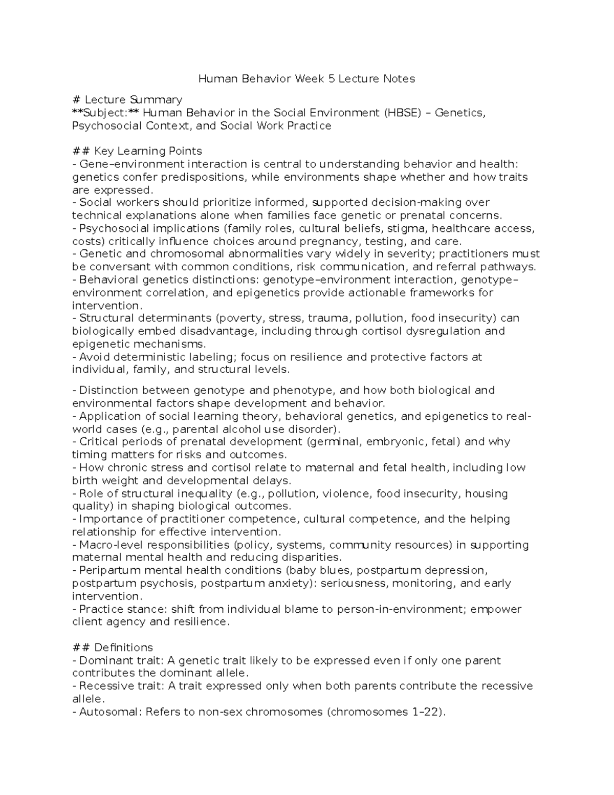 Human Behavior in the Social Environment (HBSE) Week 5 Lecture Notes ...