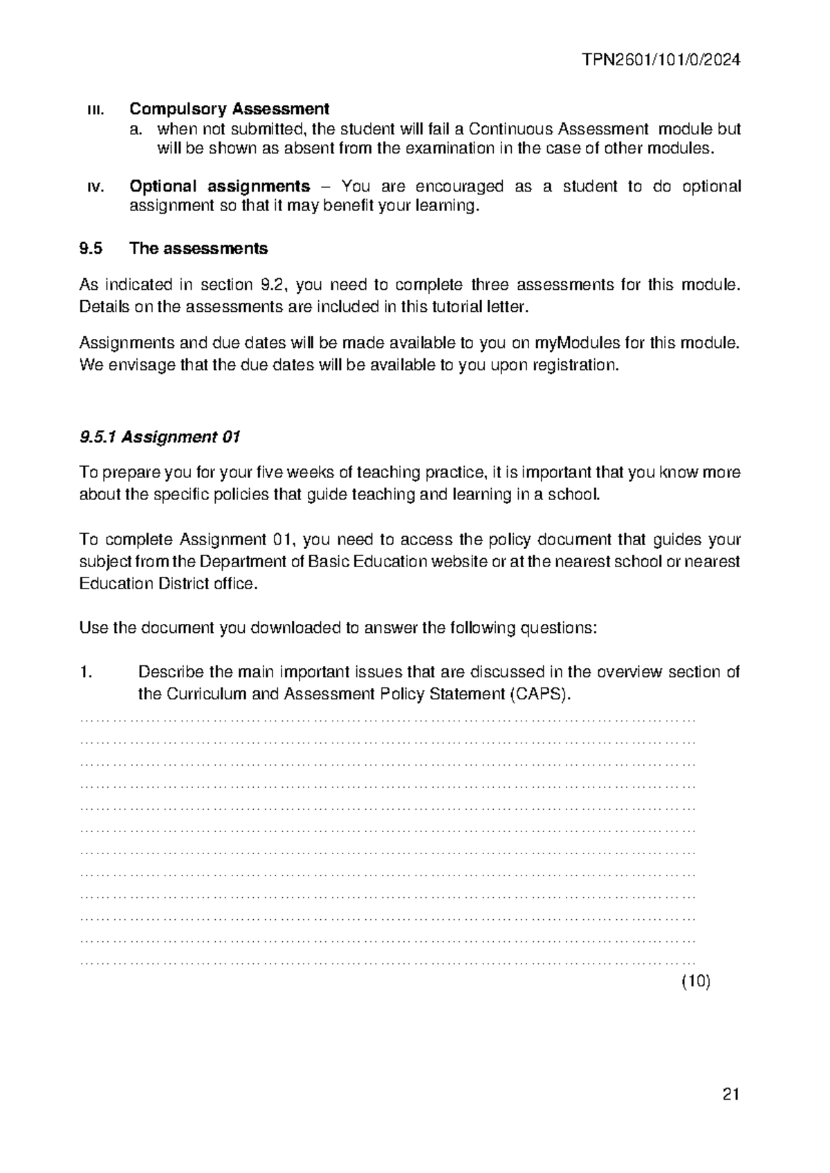 Teaching practice assignment 1 - TPN2601/101/0/ III. Compulsory ...