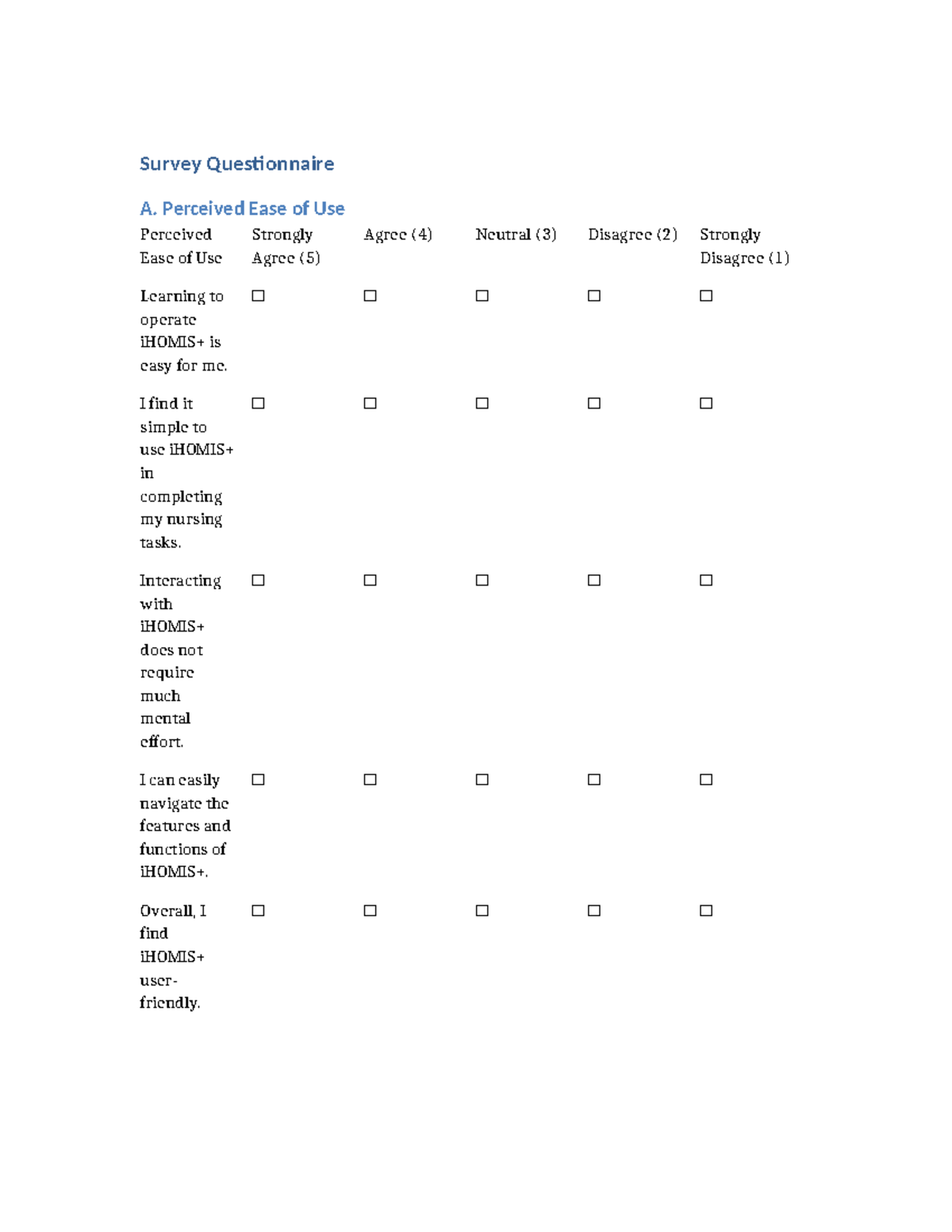Survey Questionnaire A: Perceived Ease of Use & Usefulness in Nursing ...