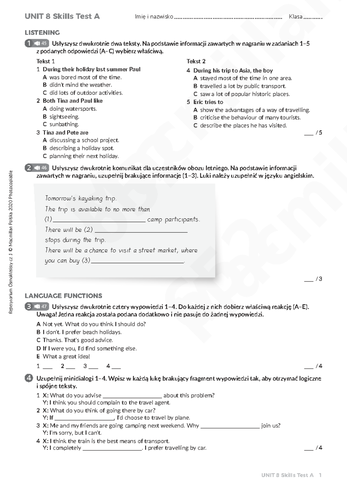 Unit 8 Skills Test A - Listening & Reading Practice for Klasa M 65 ...