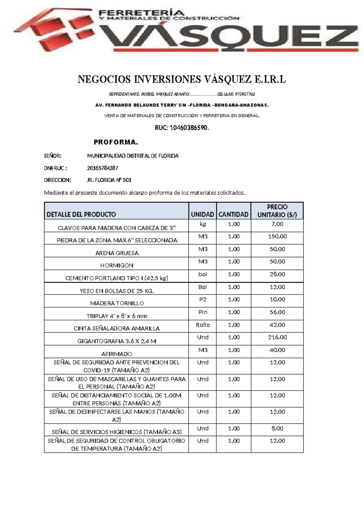Cotización 1: Proforma de materiales de construcción y ferretería - Document Preview