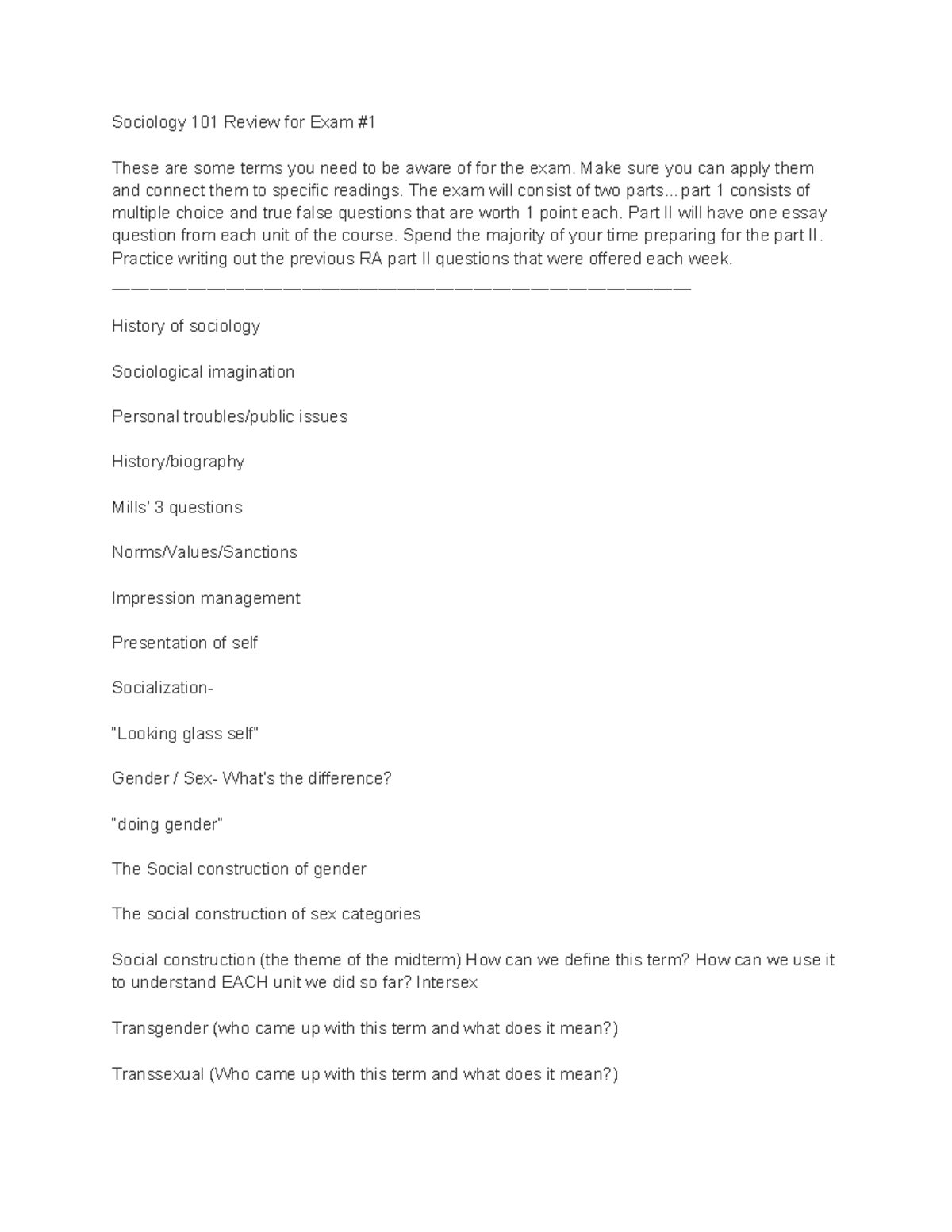 Sociology 101 Exam #1 Review: Key Concepts and Definitions - Studocu