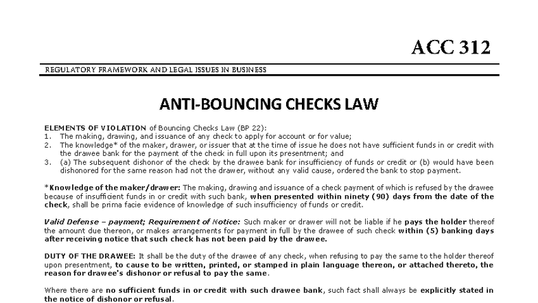 ACC 312 Bouncing Checks Law: Elements, Violations, and Defenses - Studocu