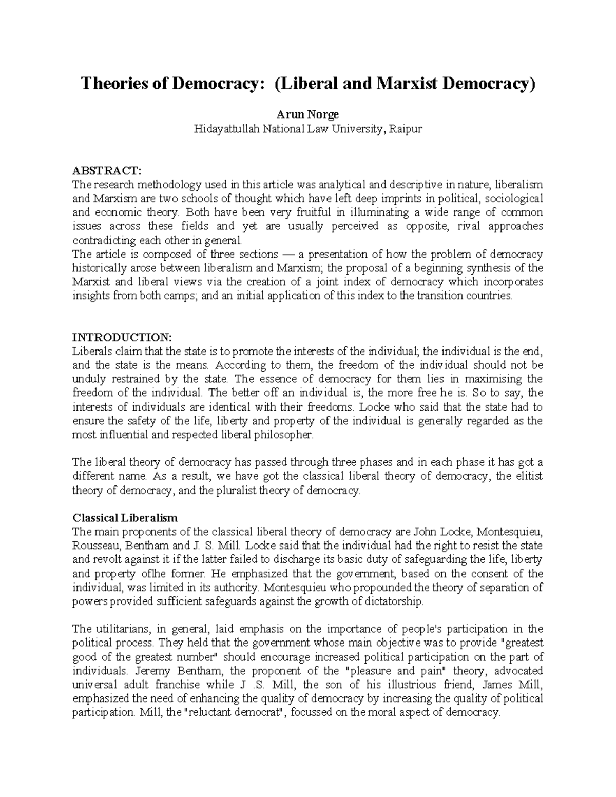 Theories of Democracy: Liberal vs. Marxist Perspectives (MA PS ...
