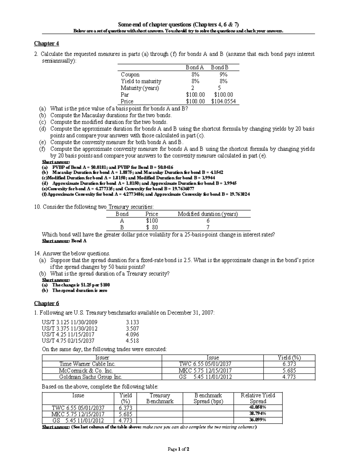 End of Chapter Questions & Answers for Bonds (Chapters 4, 6, 7) - Studocu