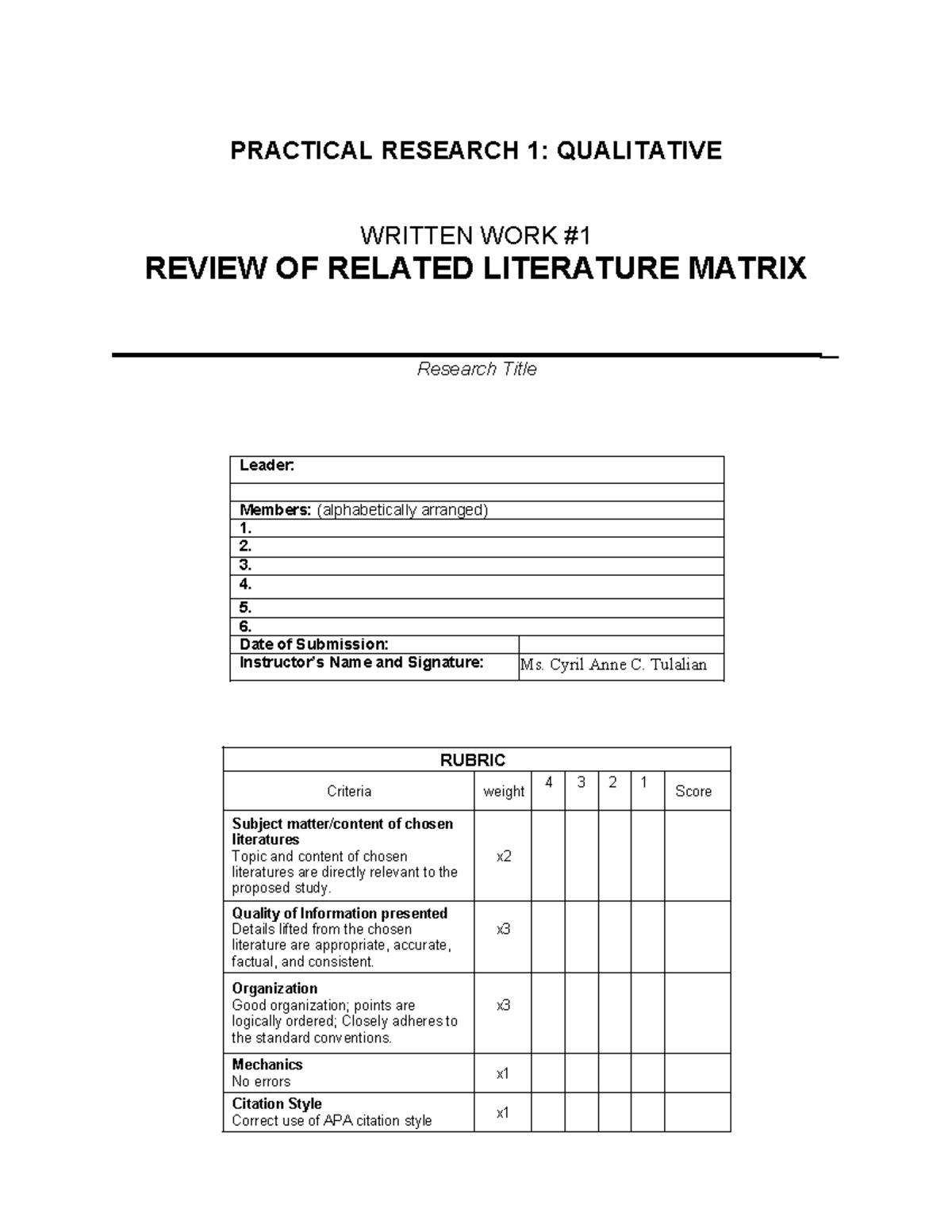 WW1 RRL-Matrix-1-1: Review of Related Literature Document - Studocu