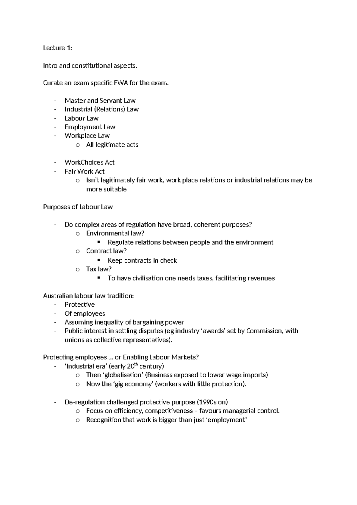 Labour Law Notes: FWA, Employment Rights, and Workplace Relations - Studocu