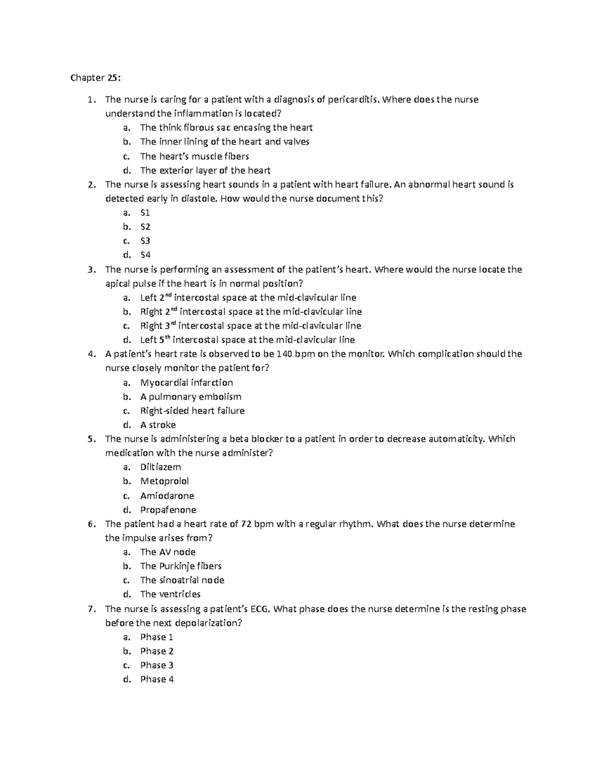 Ch. 25-29 Nursing Questions & Answers for Cardiac Care - Studocu
