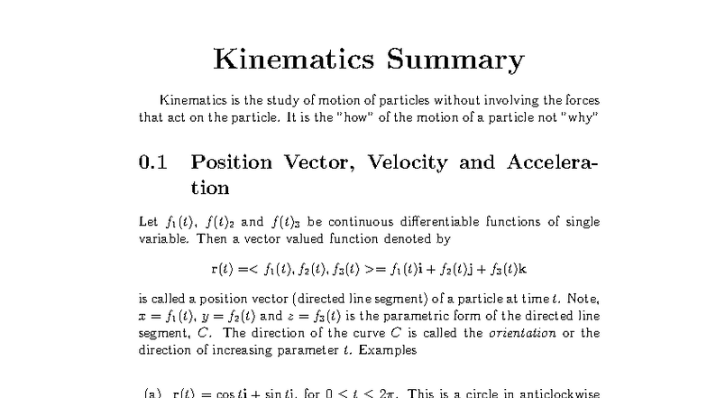 Kinematics-summary - Introductory ve tors - Kinematics Summary ...