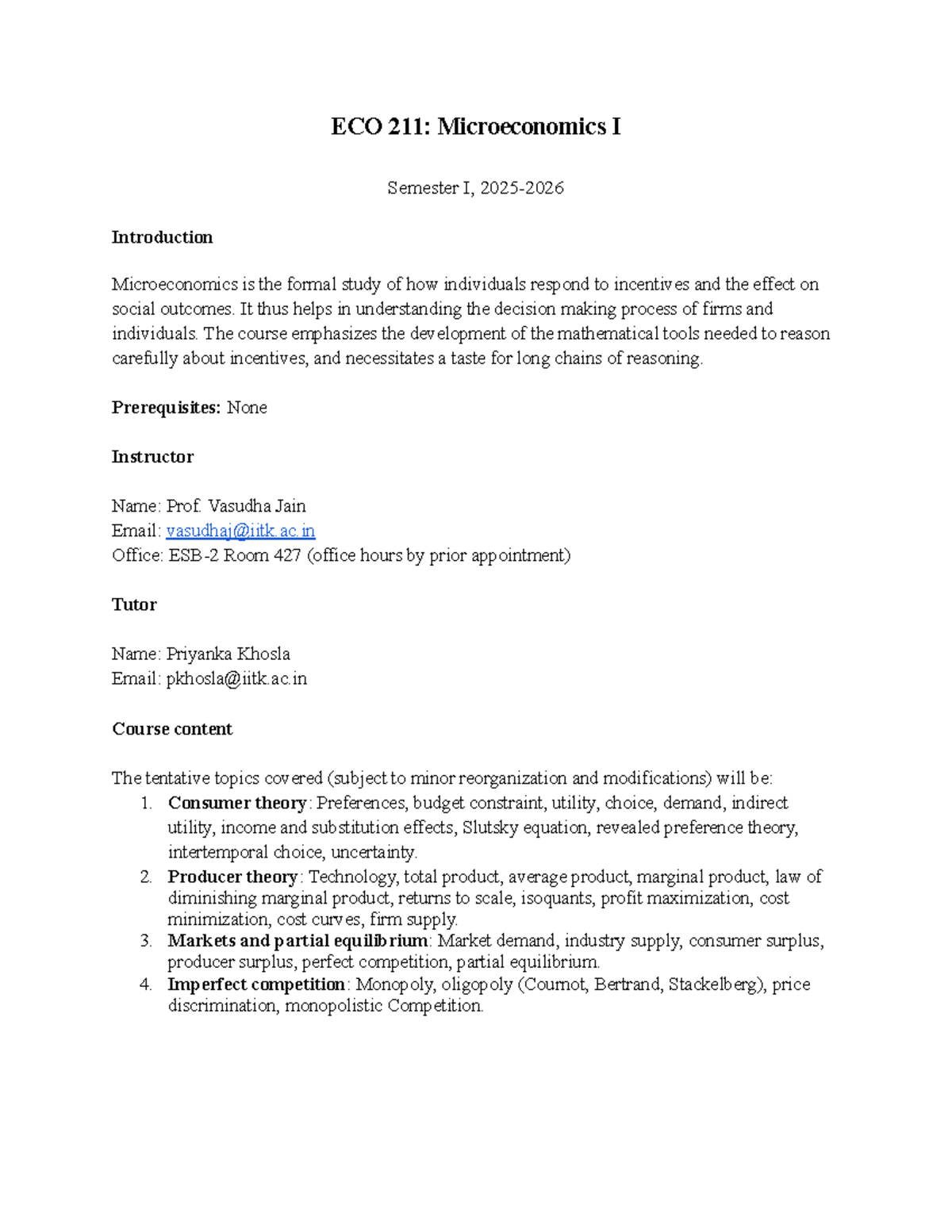 ECO 211: Microeconomics I - Semester I Course Overview and Topics - Studocu