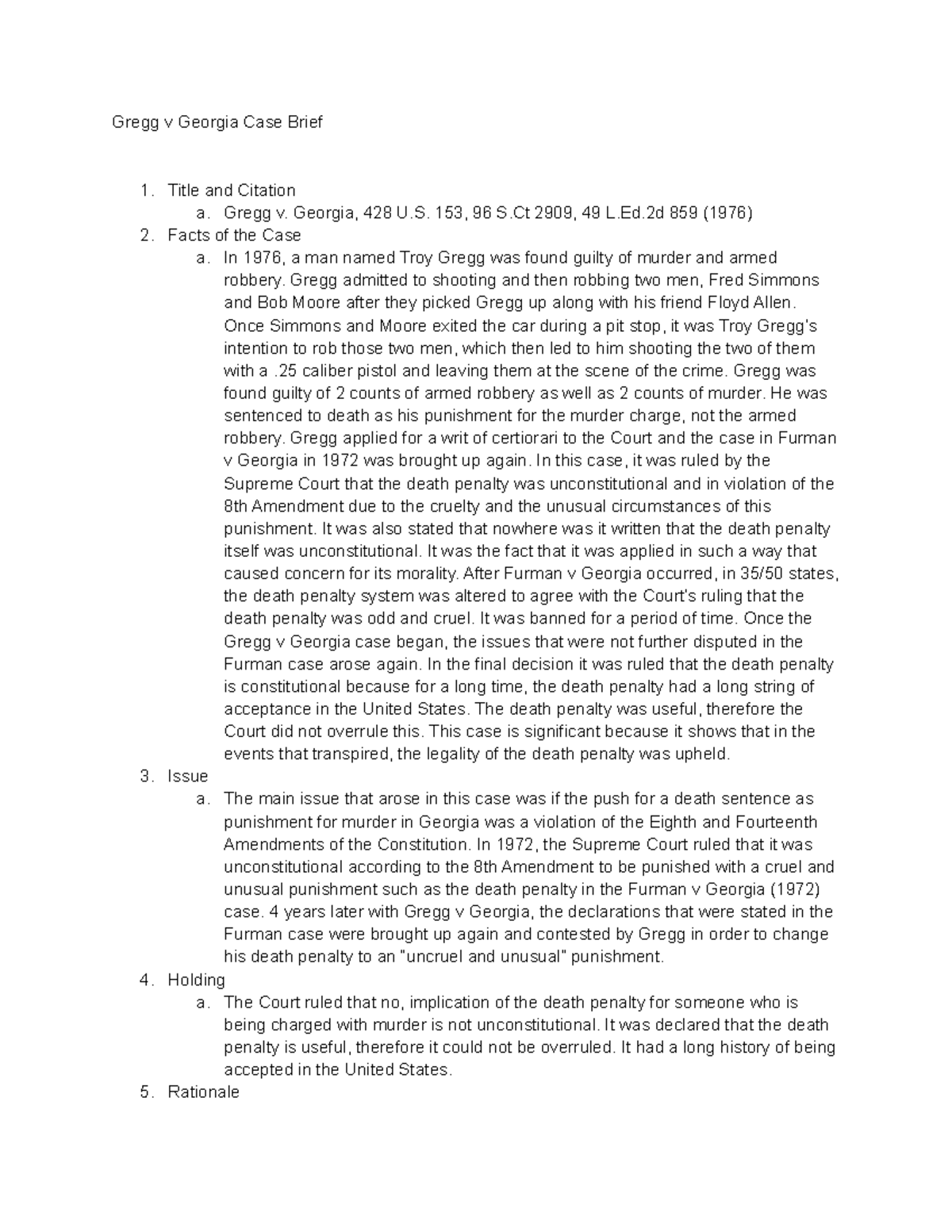 Gregg v. Georgia Brief - Gregg v Georgia Case Brief 1. Title and ...