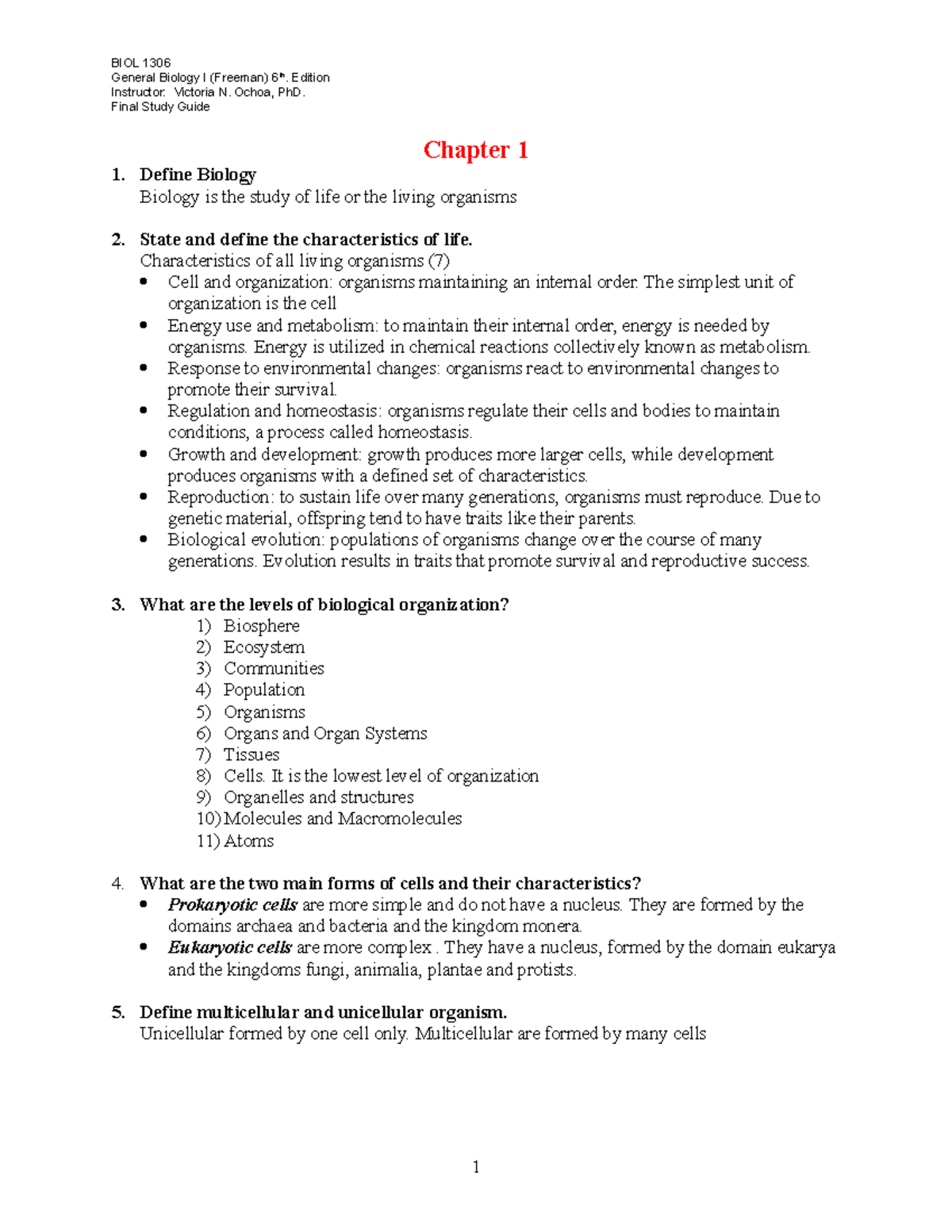General Biology I (BIO101): Final Exam Study Guide (Chapters 1-17 ...