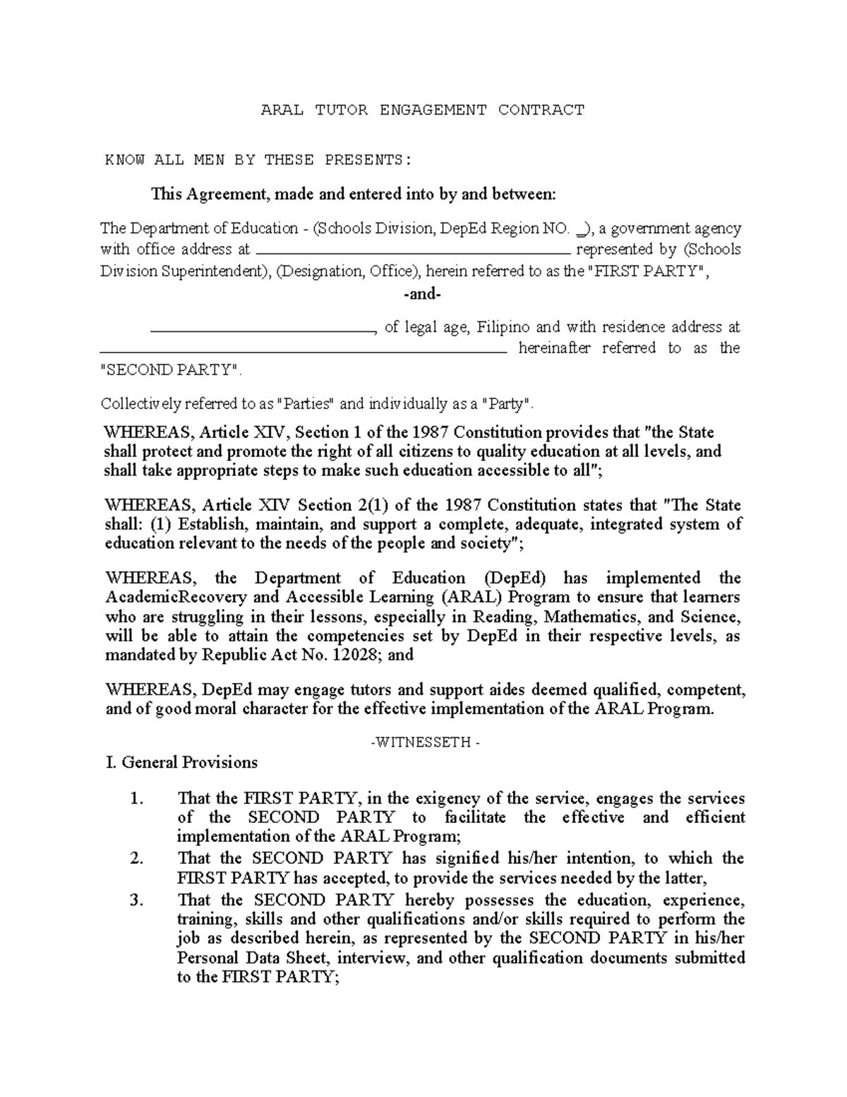 ARAL Program Tutor Engagement Contract - DepEd Agreement - Document Preview