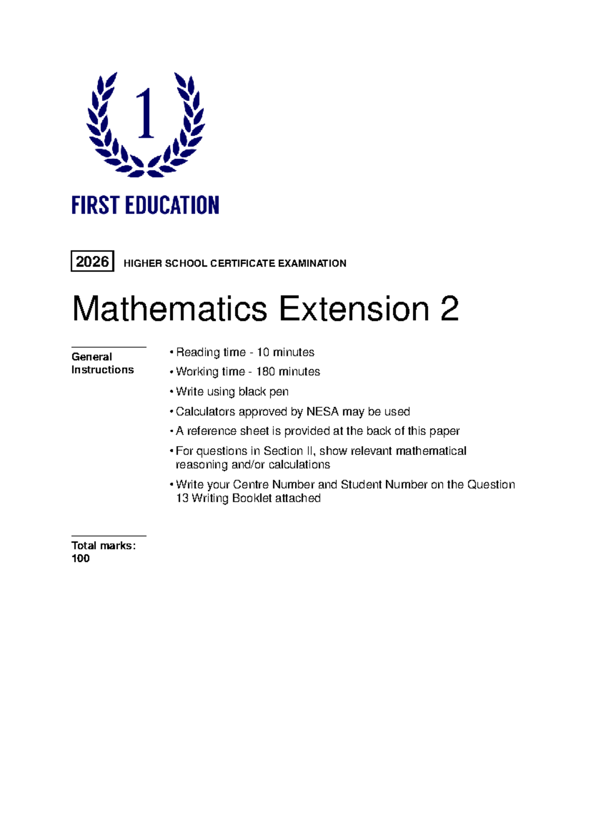 HSC 2026 Mathematics Extension 2 Practice Test Questions - Studocu