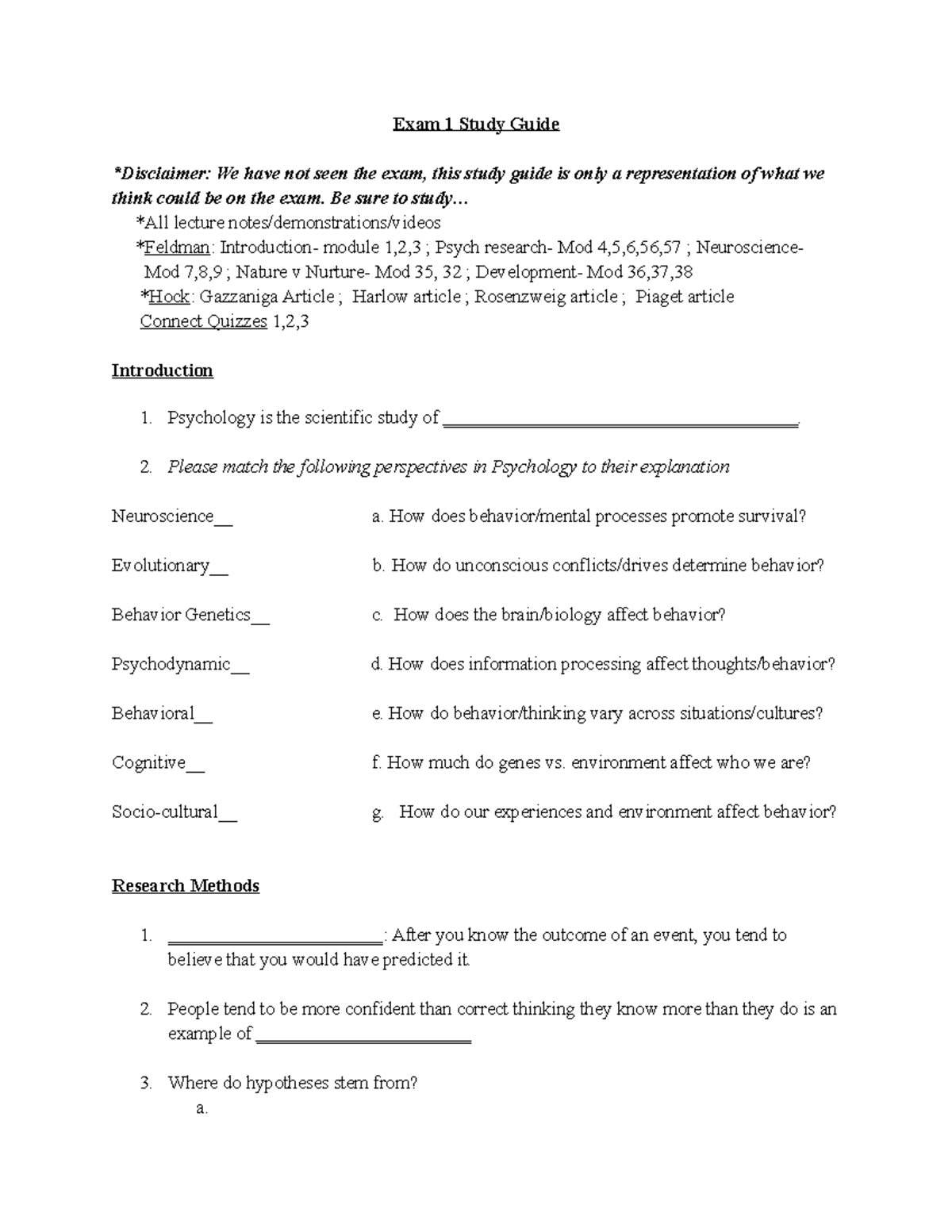 Psy 100 Exam 1 Comprehensive Study Guide and Key Concepts - Studocu