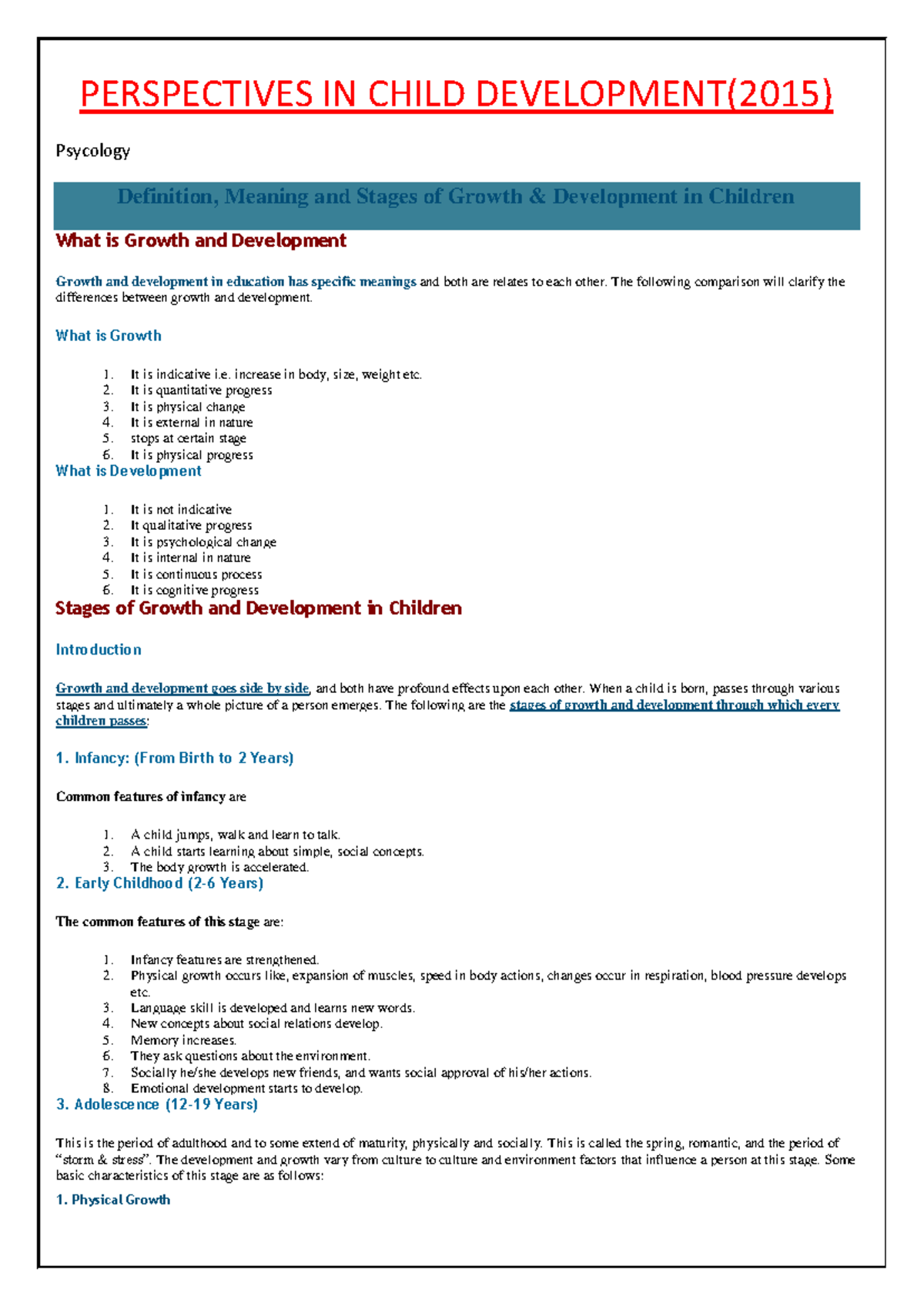 PERSPECTIVES IN CHILD DEVELOPMENT (2015): Growth, Stages & Theories ...