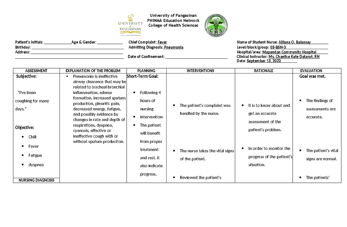 Nursing Care Plan (NCP) for Pneumonia - 03-BSN Final Exam - Studocu