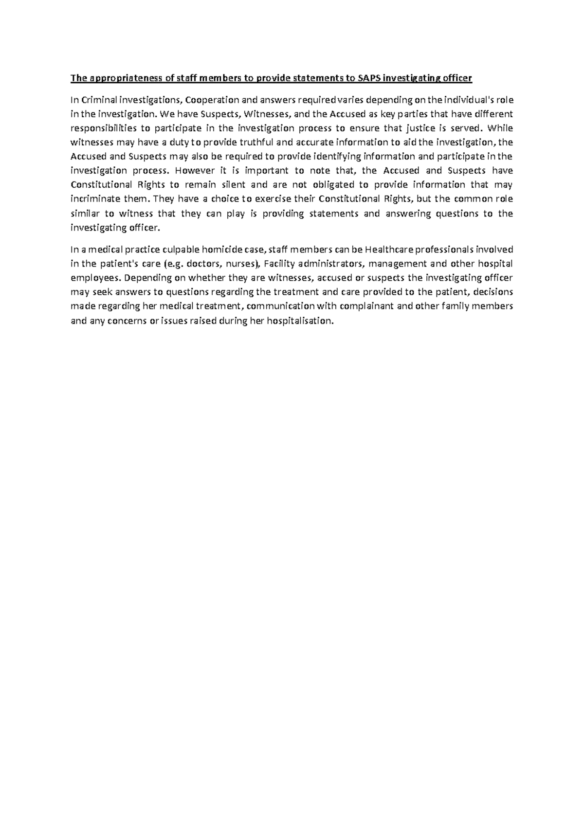 The appropriateness of staff members to provide statements to SAPS ...