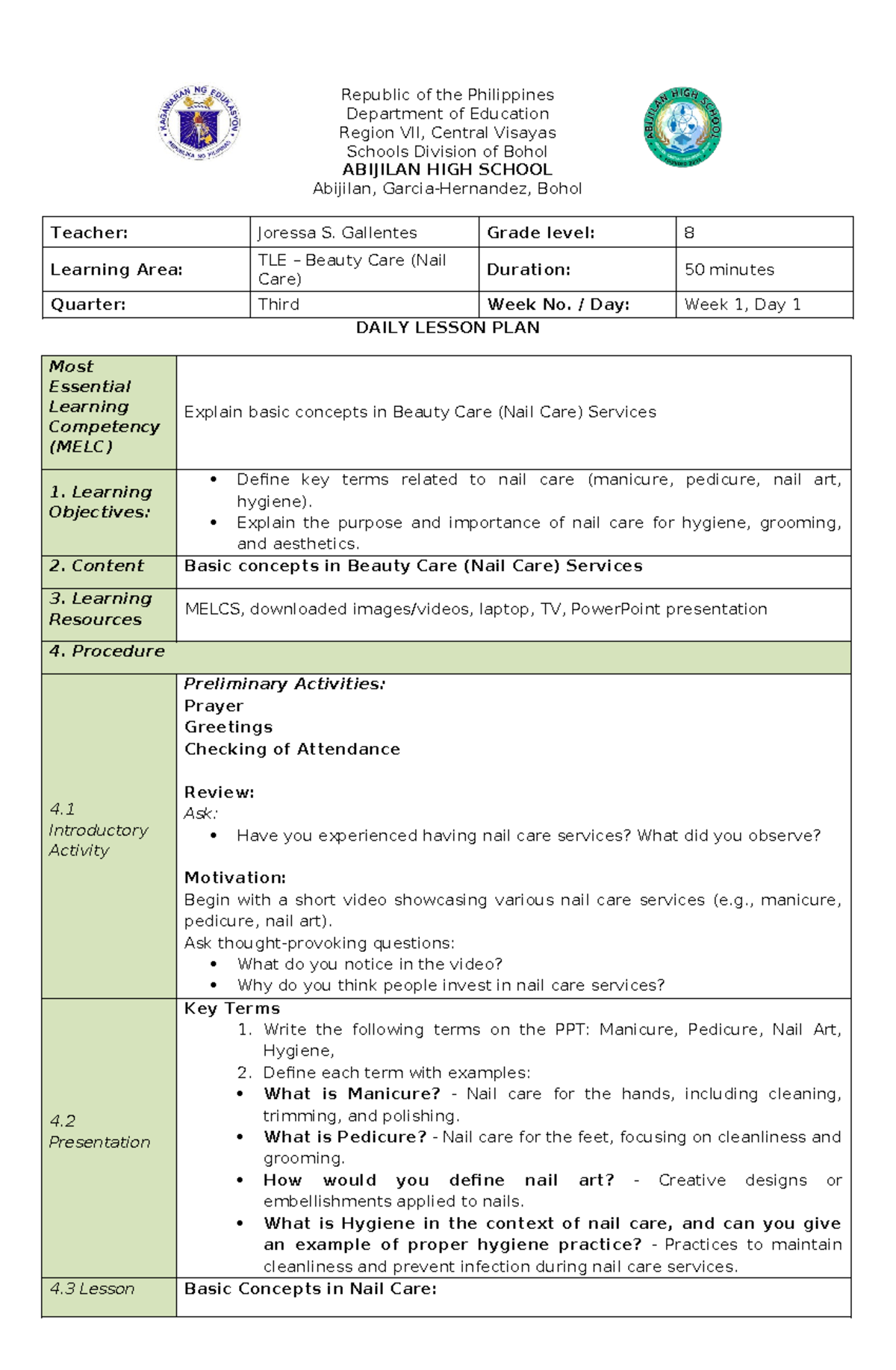 Basic Concepts in Nail Care Services (TLE 8 - Daily Lesson Plan) - Studocu