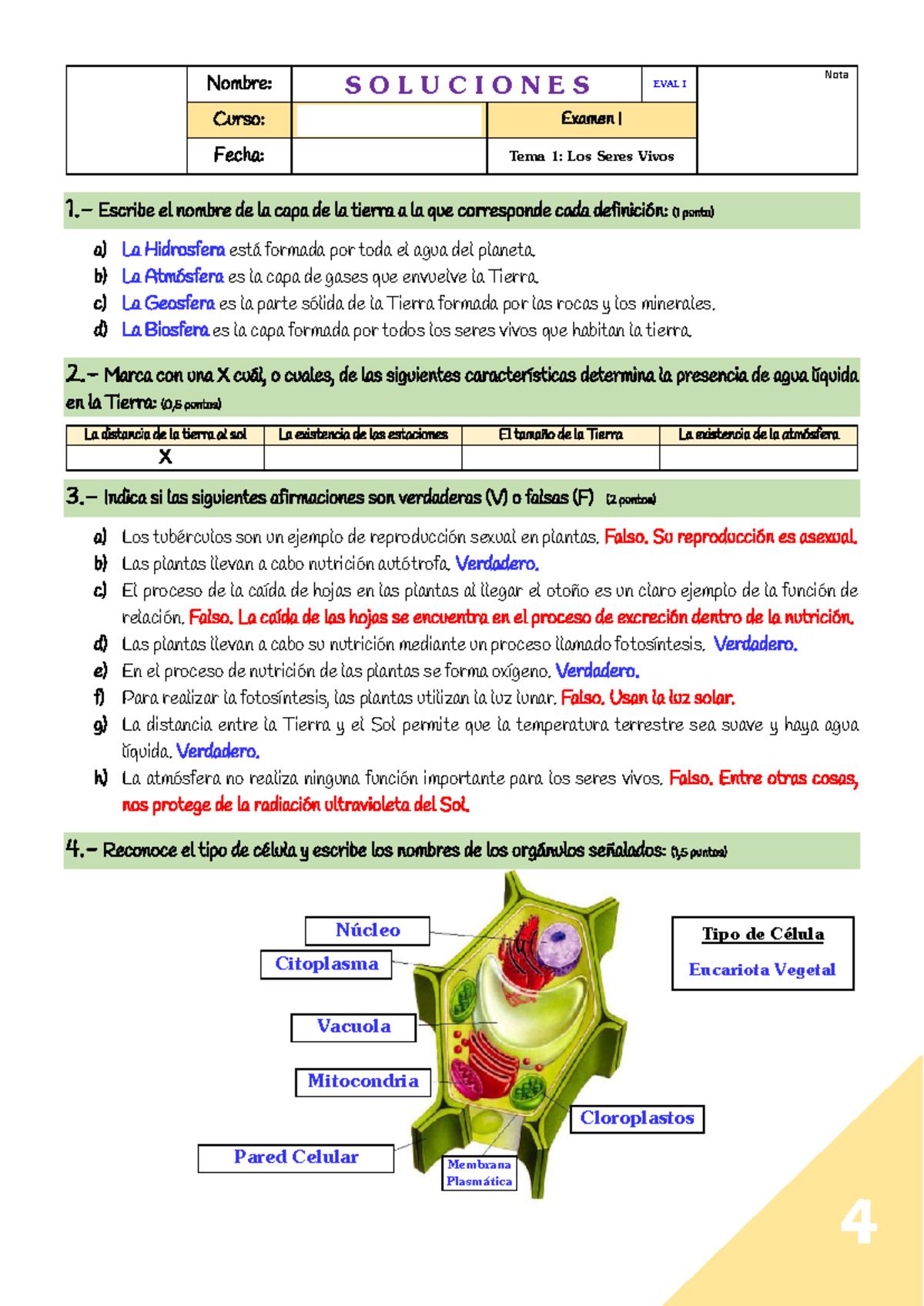 Examen I Biología y Geología 1º ESO: Soluciones y Respuestas - Document Preview