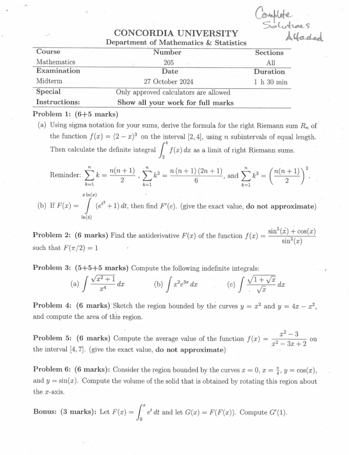 MATH 205 Course Outline - Differential & Integral Calculus II (Fall ...