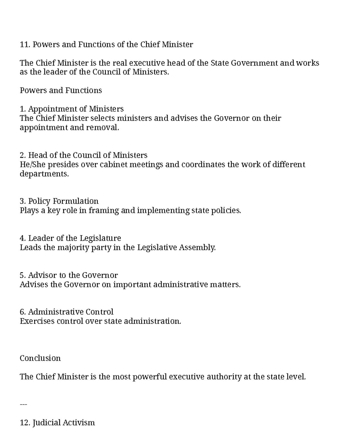 Powers and Functions of the Chief Minister & Indian Judicial System (11 ...
