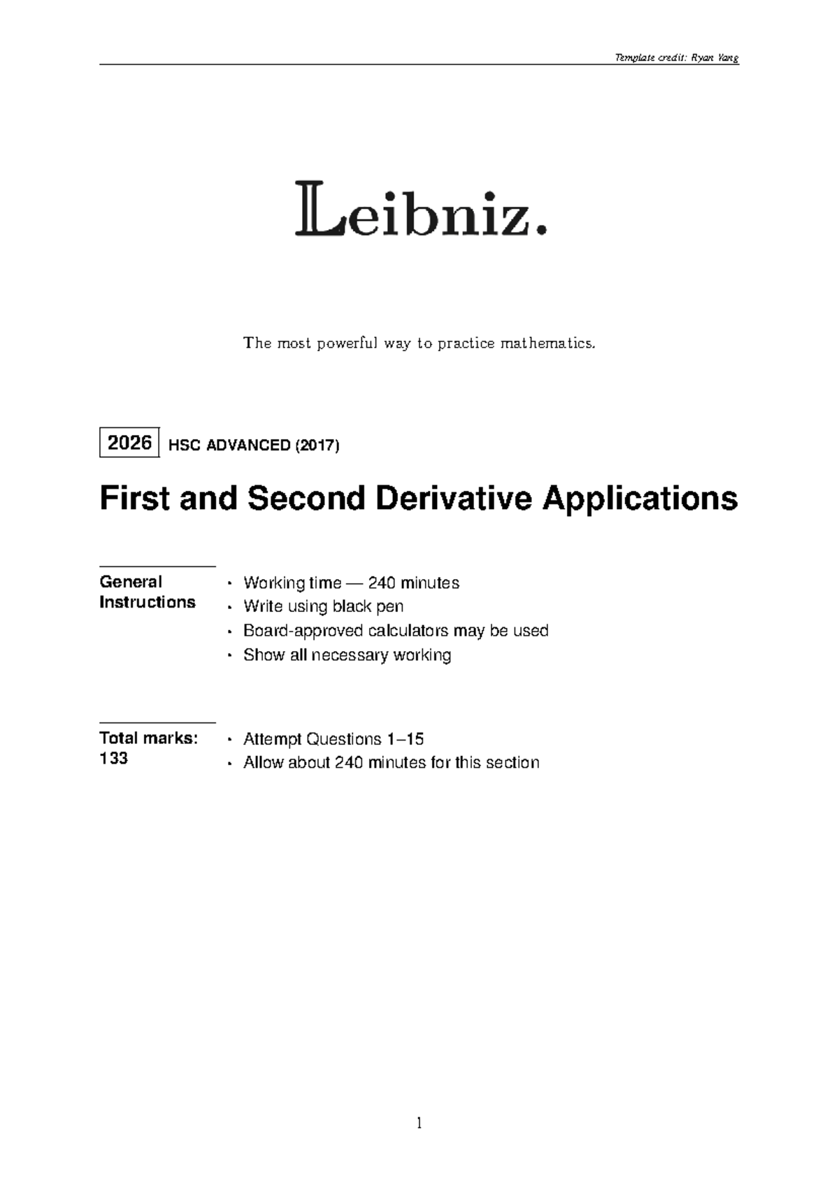 First and Second Derivative Applications Questions - 2026 HSC ADVANCED ...