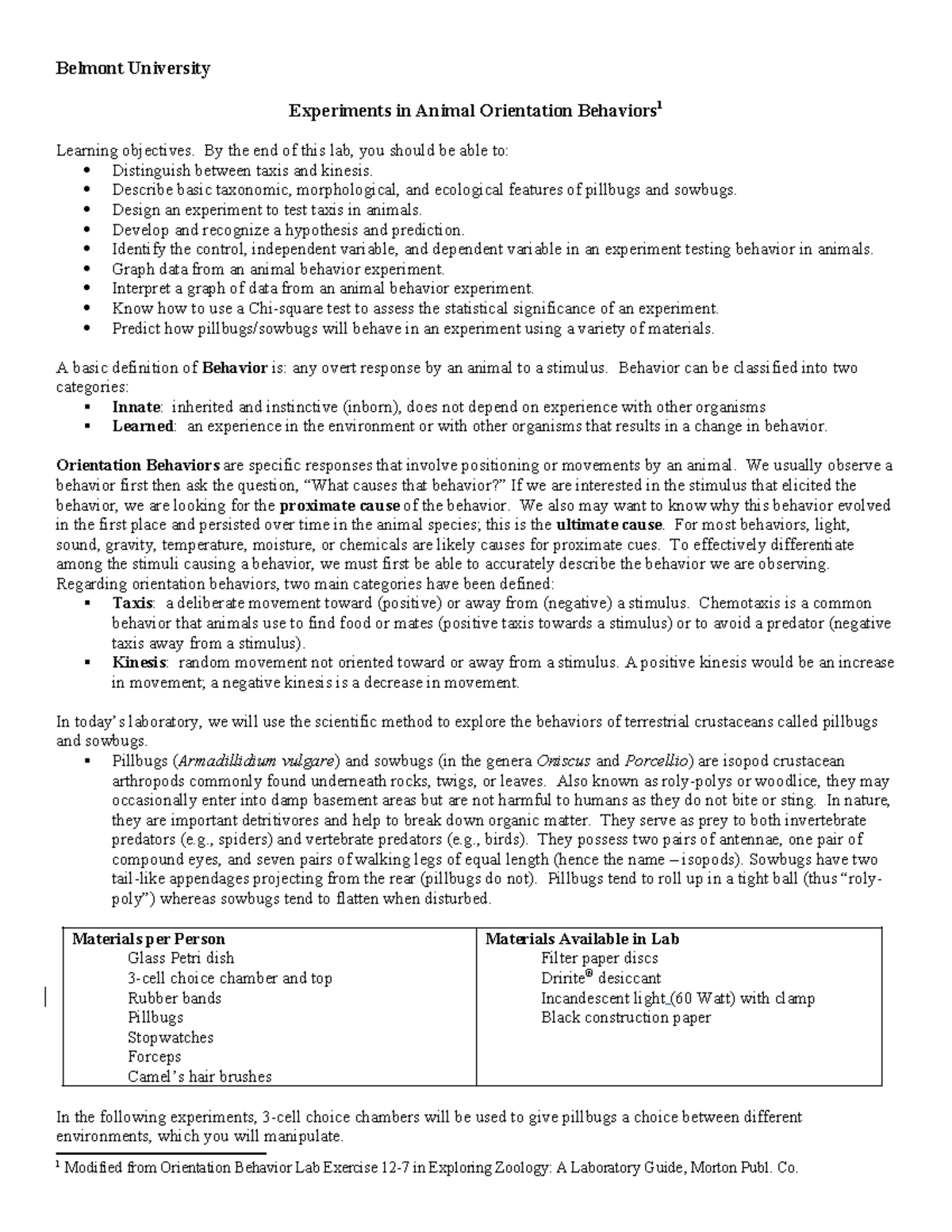 Belmont University Animal Behavior Lab (BIO 101) - Orientation ...