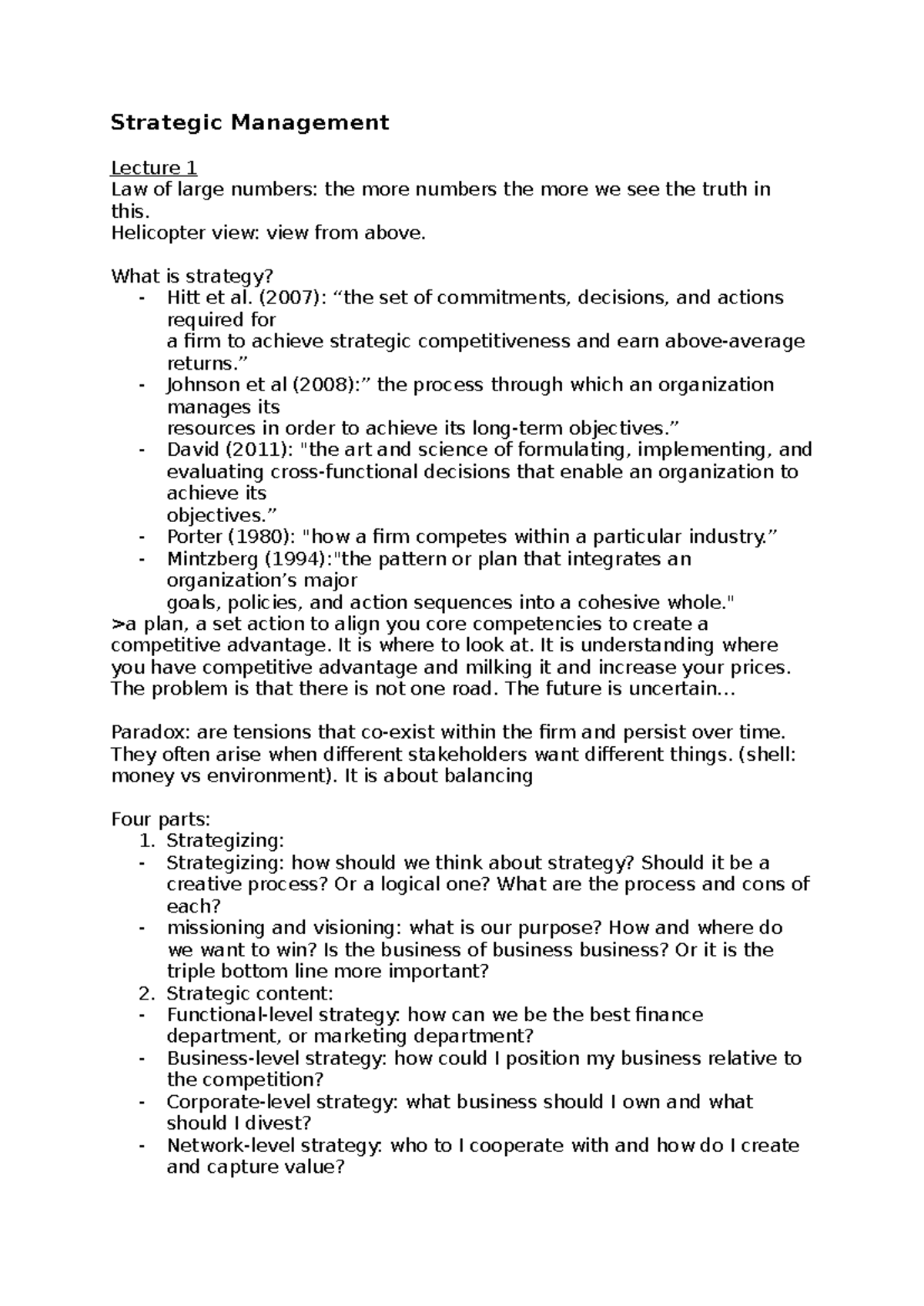 Strategic Management Lecture Notes - Overview & Key Concepts - Studeersnel