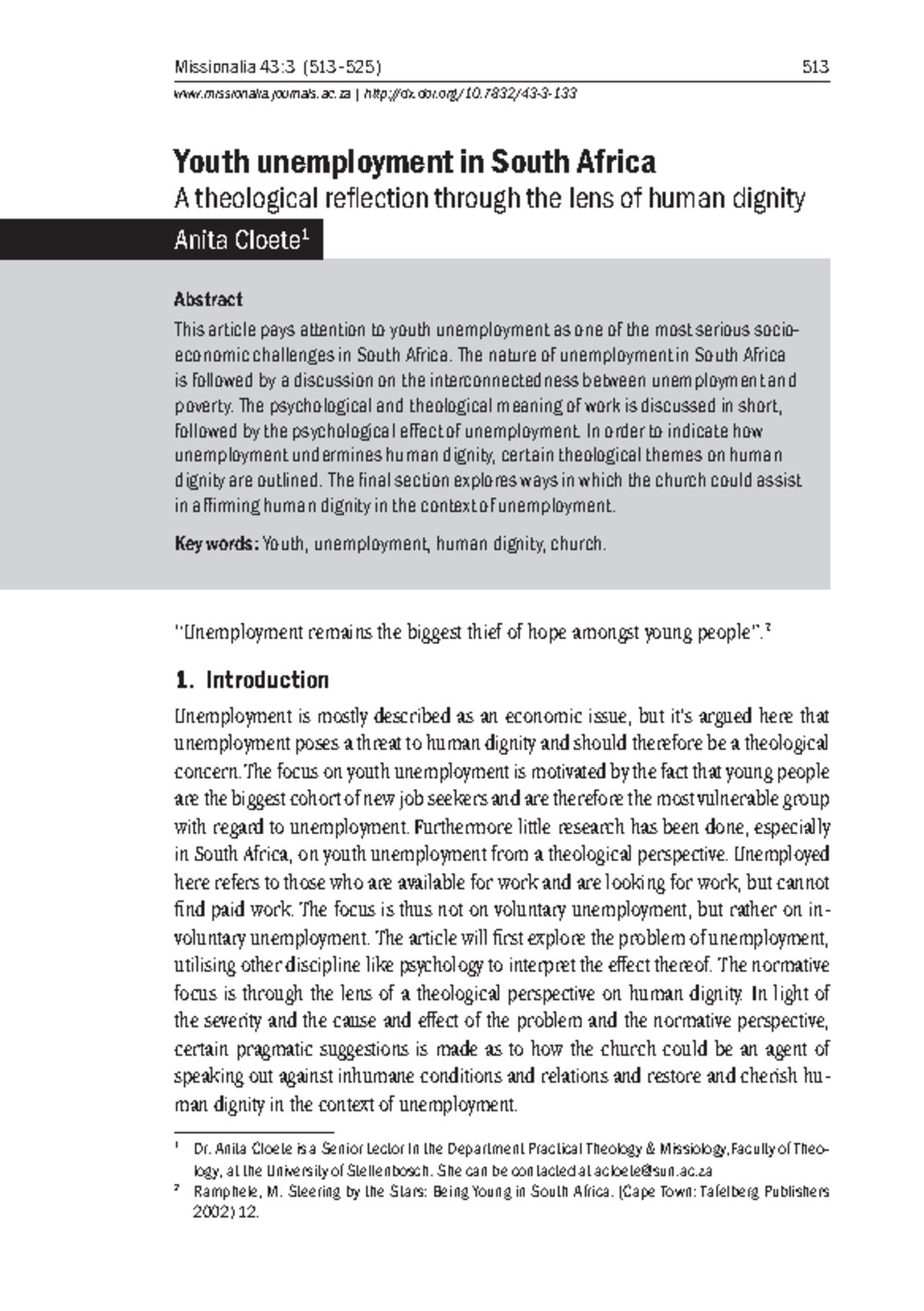 Youth unemployment in South Africa article - Missionalia 43:3 (513–525 ...