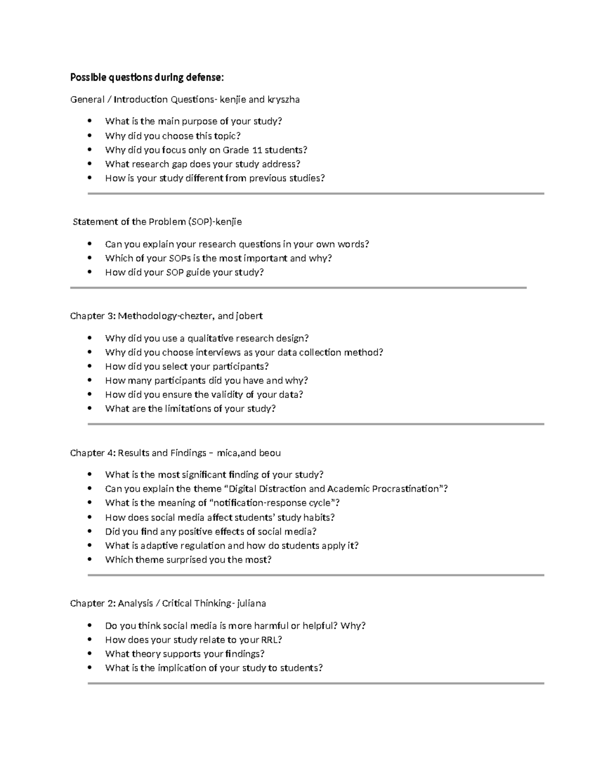 Possible Defense Questions for Research on Social Media & Grade 11 ...