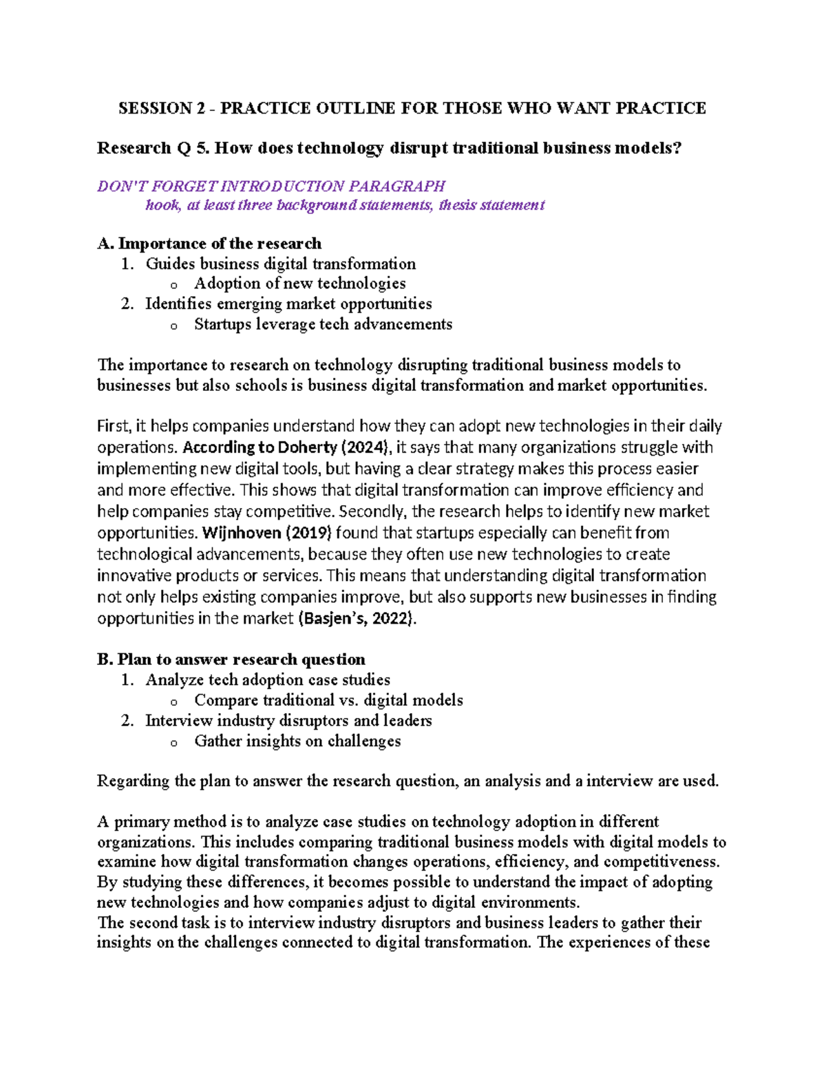 EBE 2023 Session 2 Practice Outline: Tech Disruption in Business Models ...