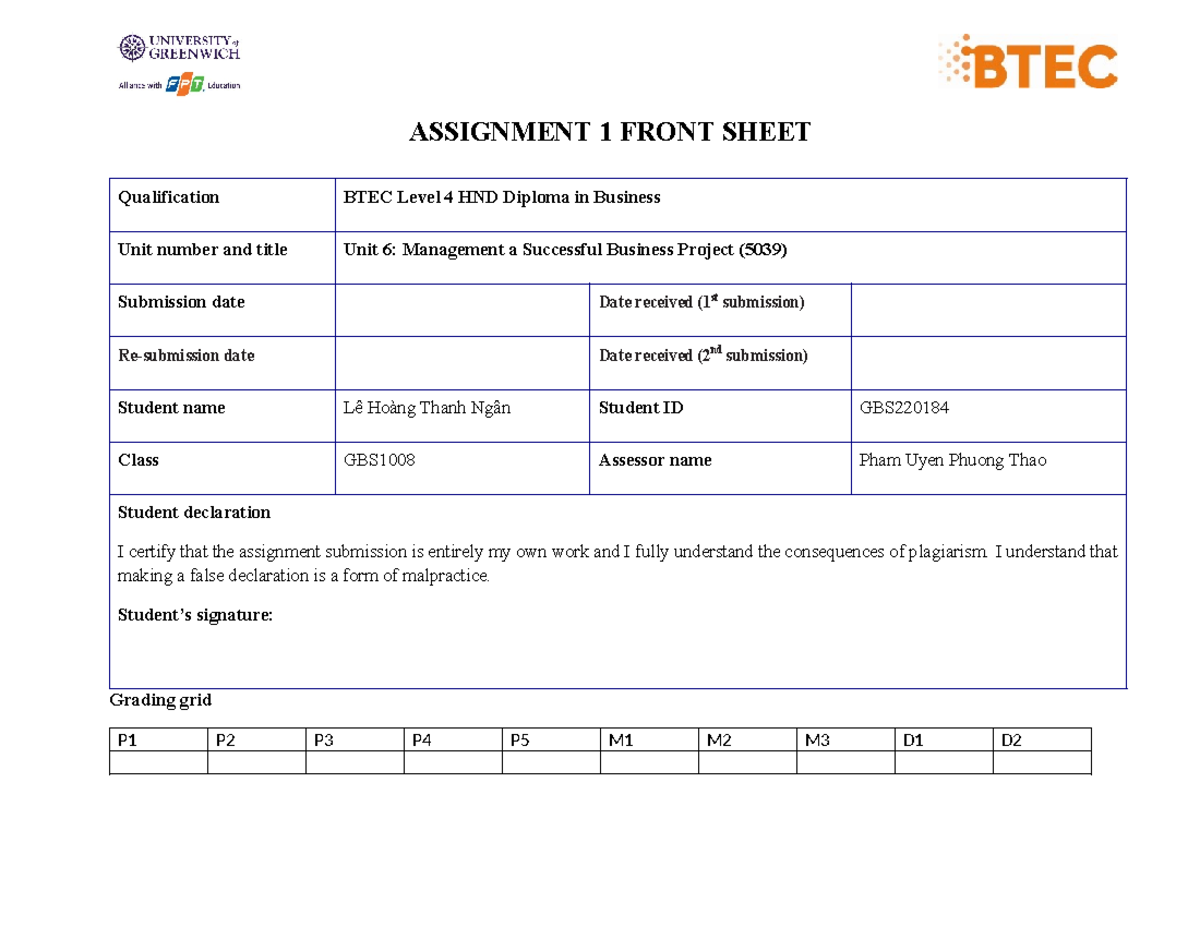 "5039 Assignment 1: Project Management Plan for GBS22018" - Studocu