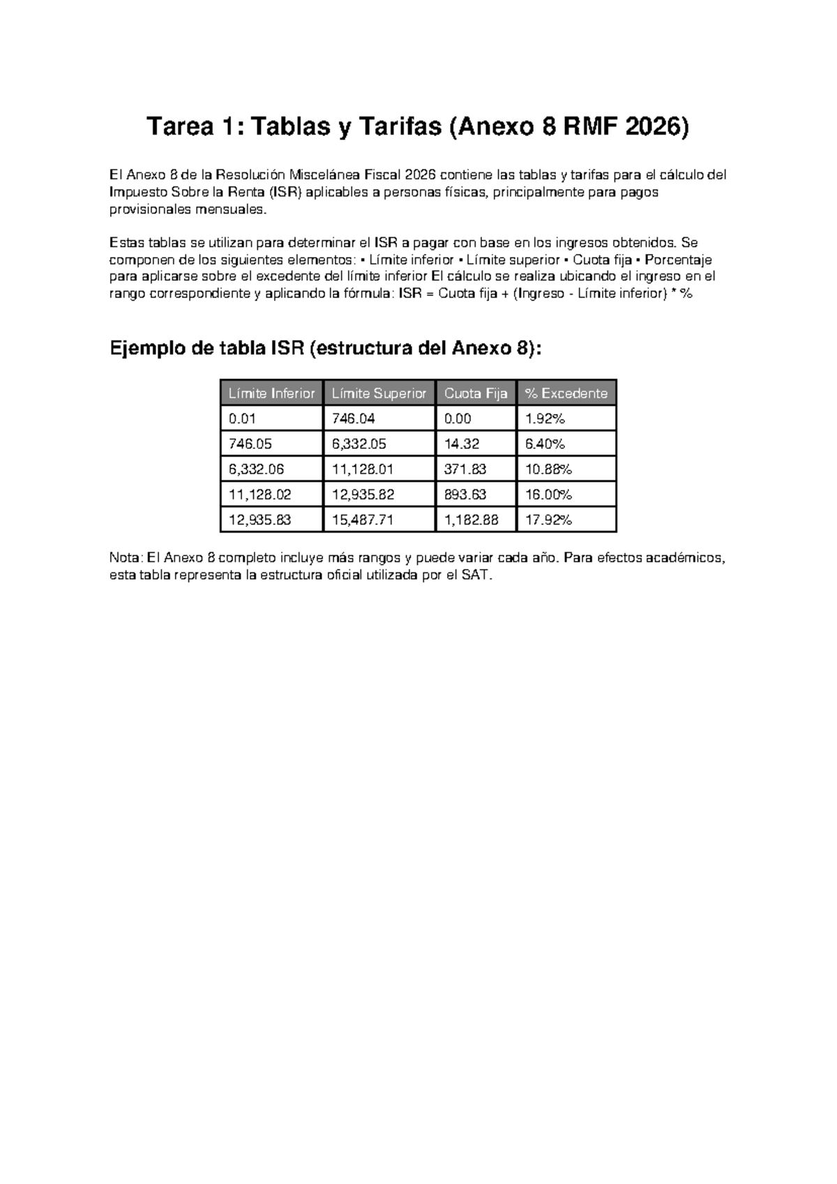 Tarea 1: Tablas ISR y Tarifas (Anexo 8 RMF 2026) - Studocu