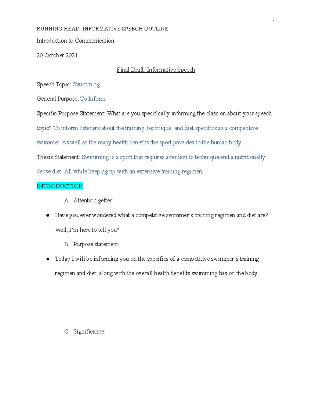 HCOM 100 Informative Speech Outline - Introduction to Communication 20 ...