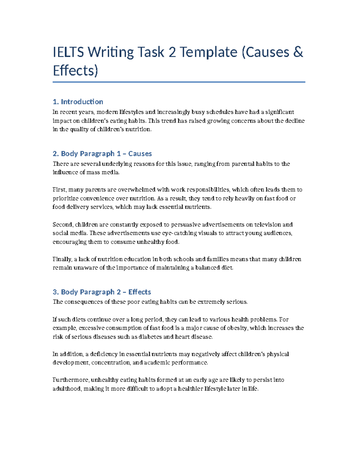 IELTS Writing Task 2 Template: Causes and Effects of Poor Eating Habits ...