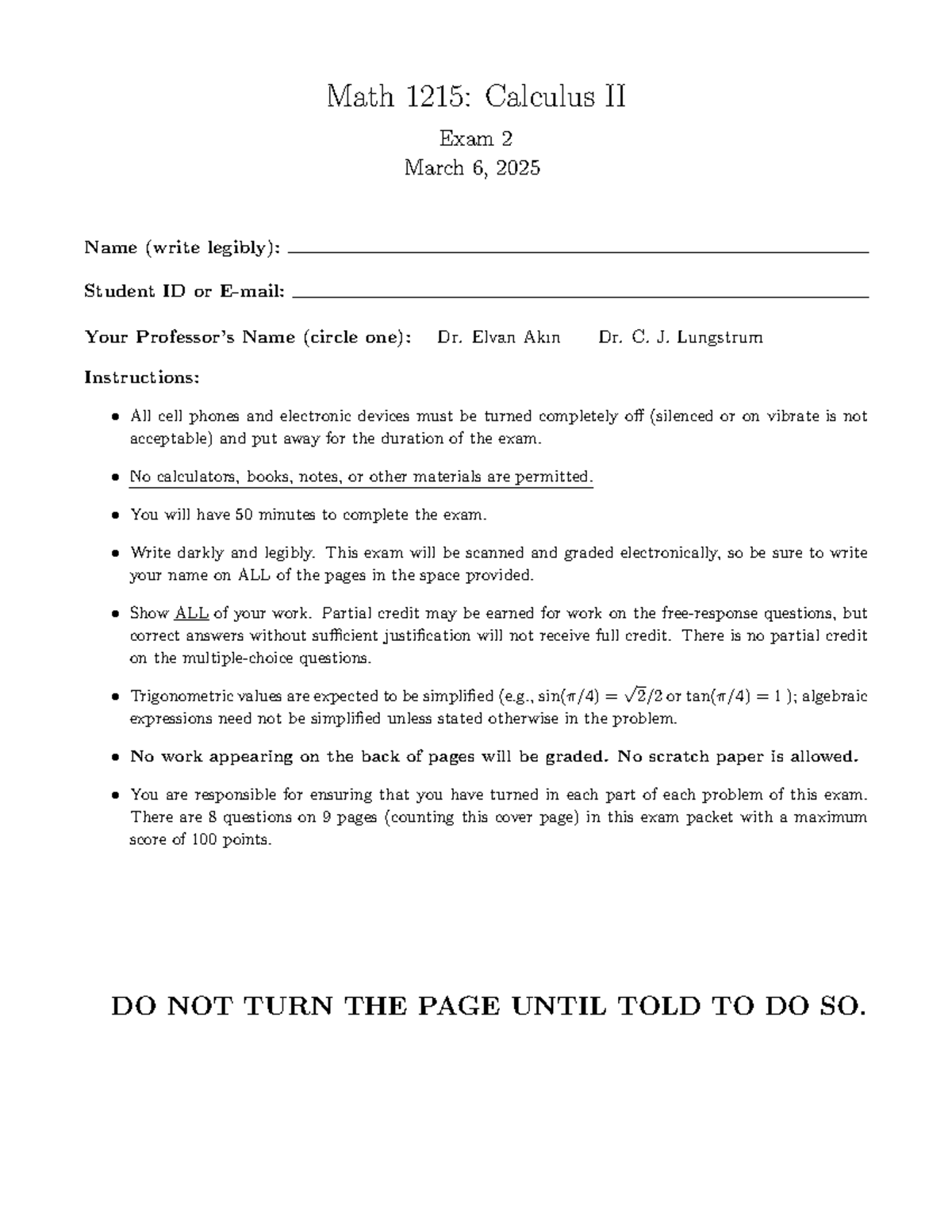 Math 1215: Calculus II Exam 2 Instructions and Questions - Studocu