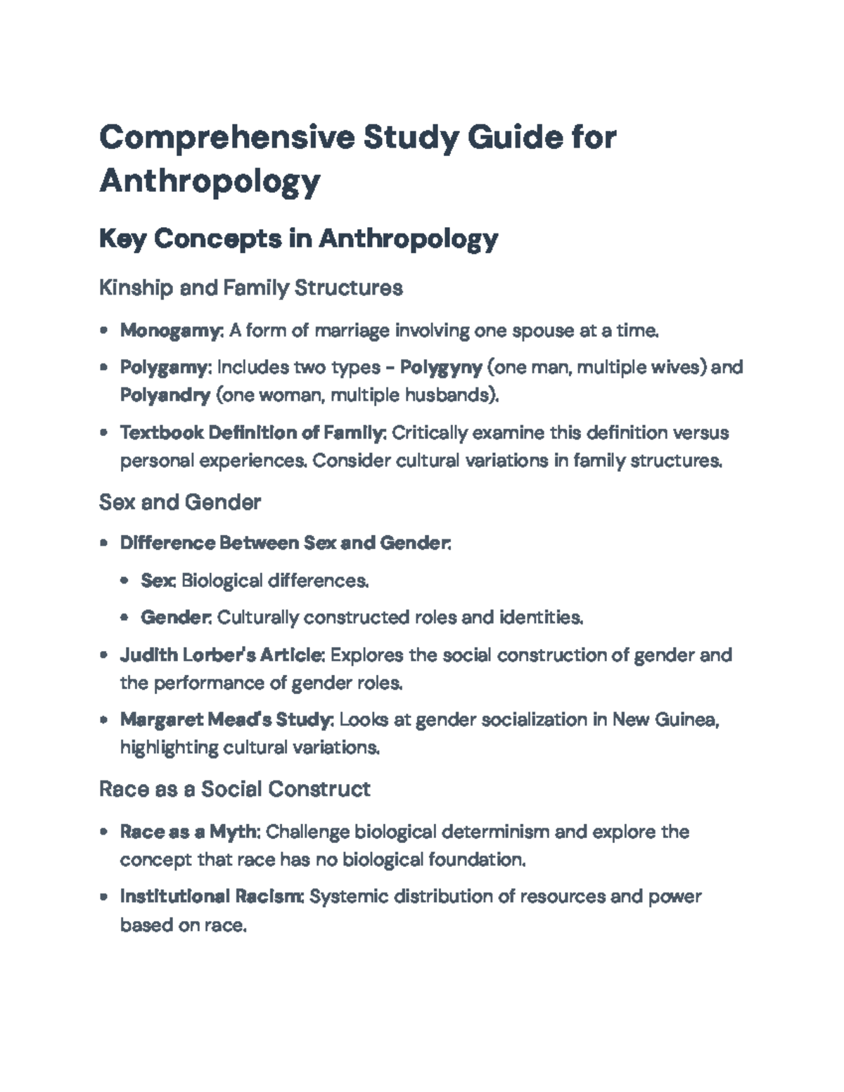 Comprehensive Study Guide: Key Concepts in Anthropology (ANTH 101 ...