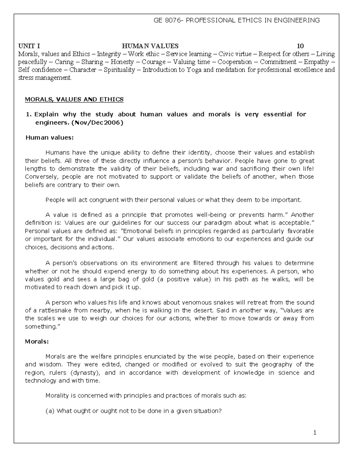 Ethics UNIT I: Understanding Human Values and Work Ethics - Studocu